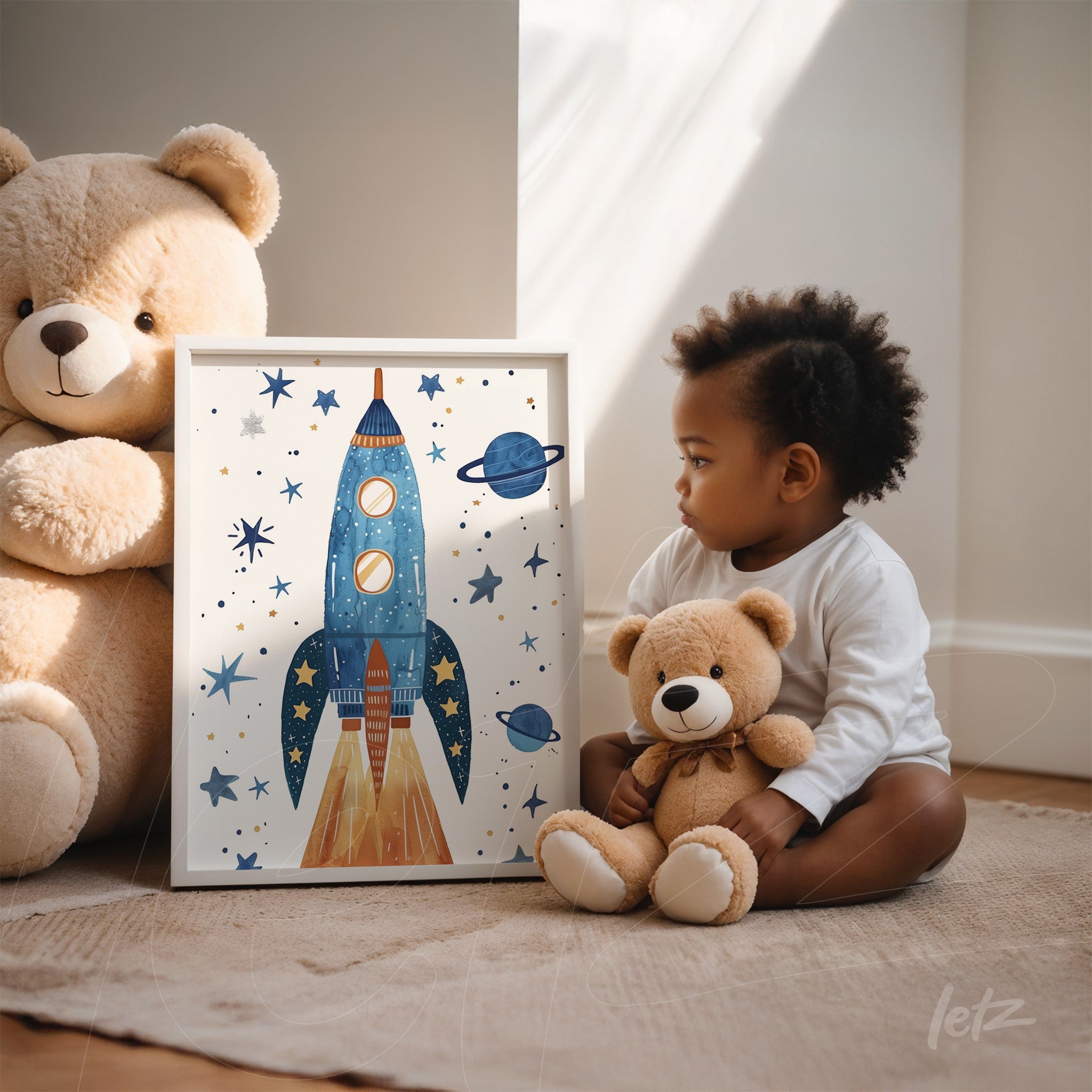 framed artwork featuring a blue rocket with planets, leaning beside a child holding a teddy bear
