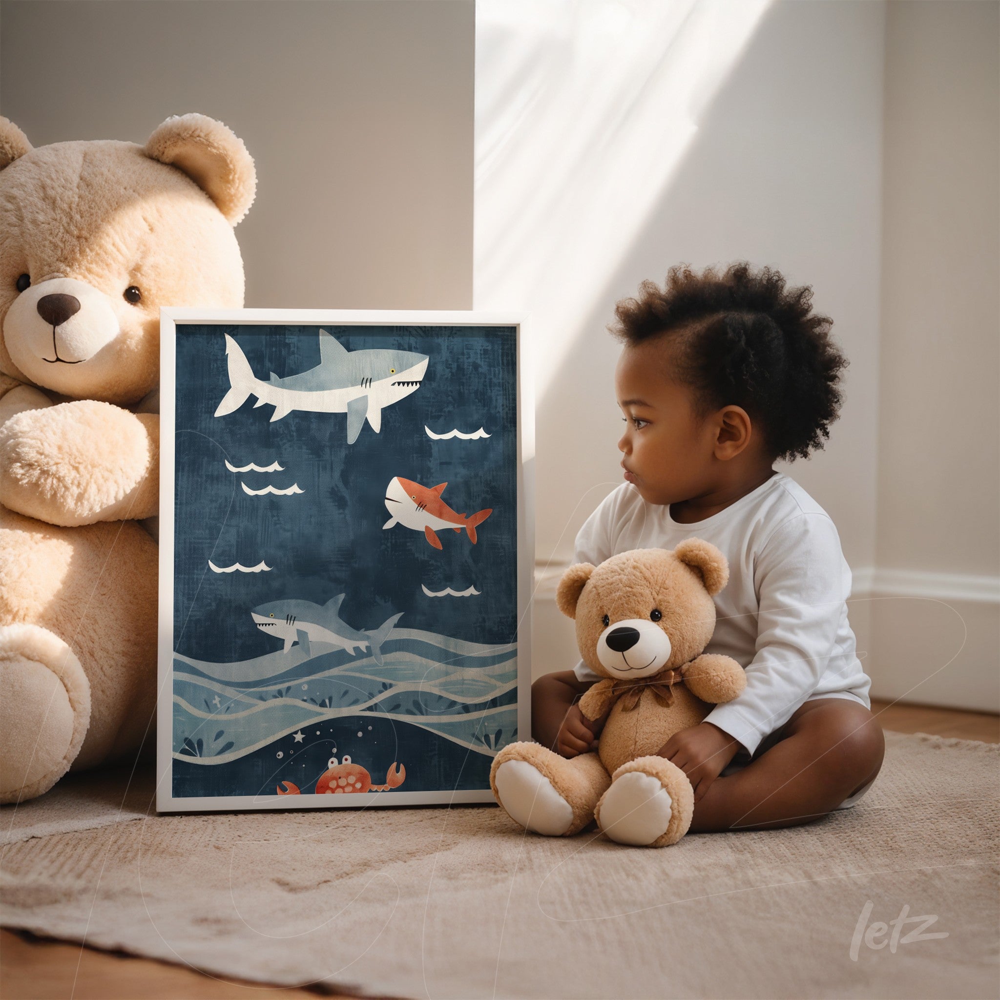 framed children's illustration of swimming sharks in blue background with white frame, displayed next to a child and a teddy bear