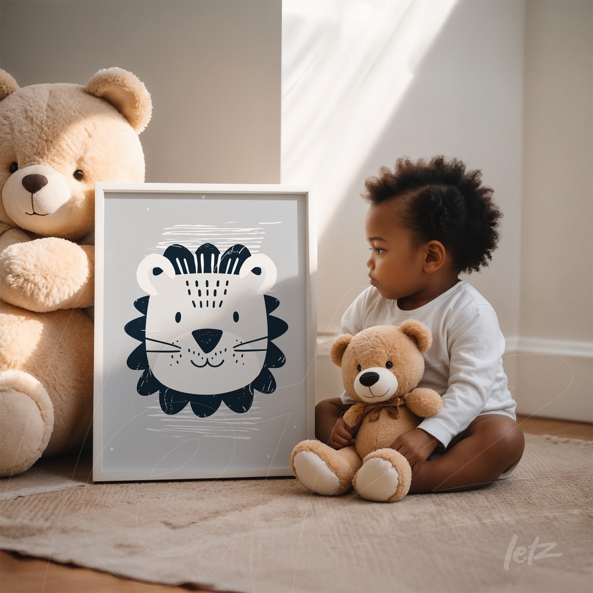 framed wall art featuring a playful lion illustration in a white frame, displayed next to a toddler holding a teddy bear