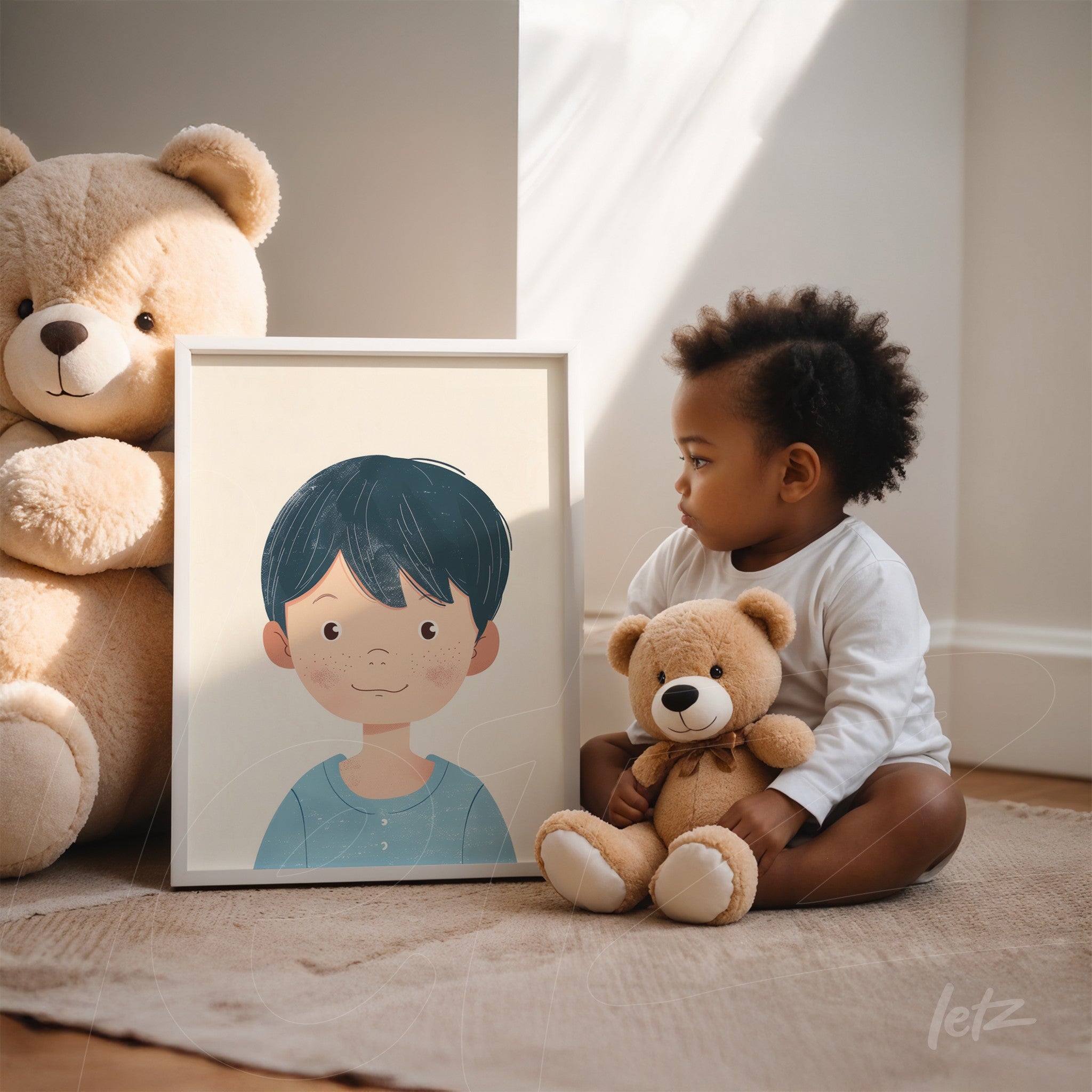 decorative art print featuring illustration of a short-haired dark-haired boy in a light frame alongside a child holding plush toys