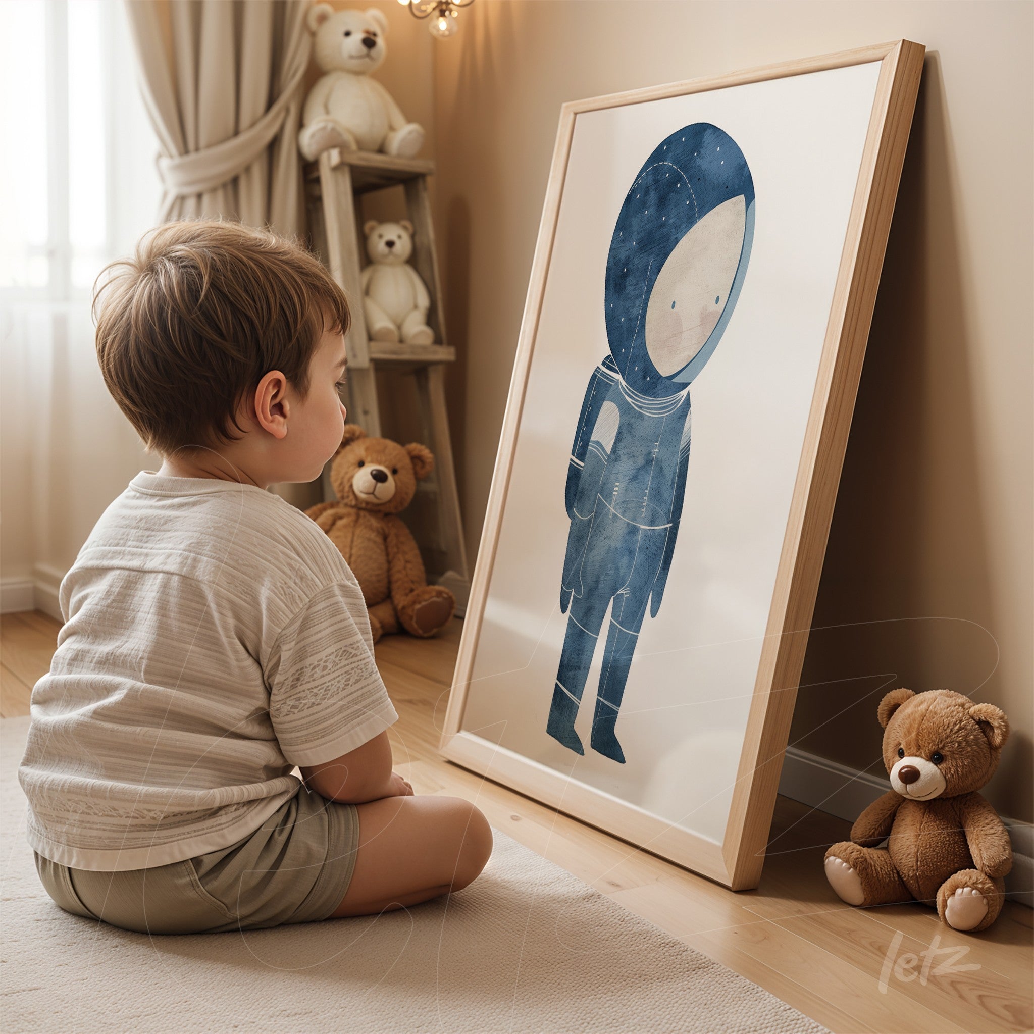 framed wall art featuring a playful astronaut illustration in light wooden frame, leaning on wooden floor surrounded by toys