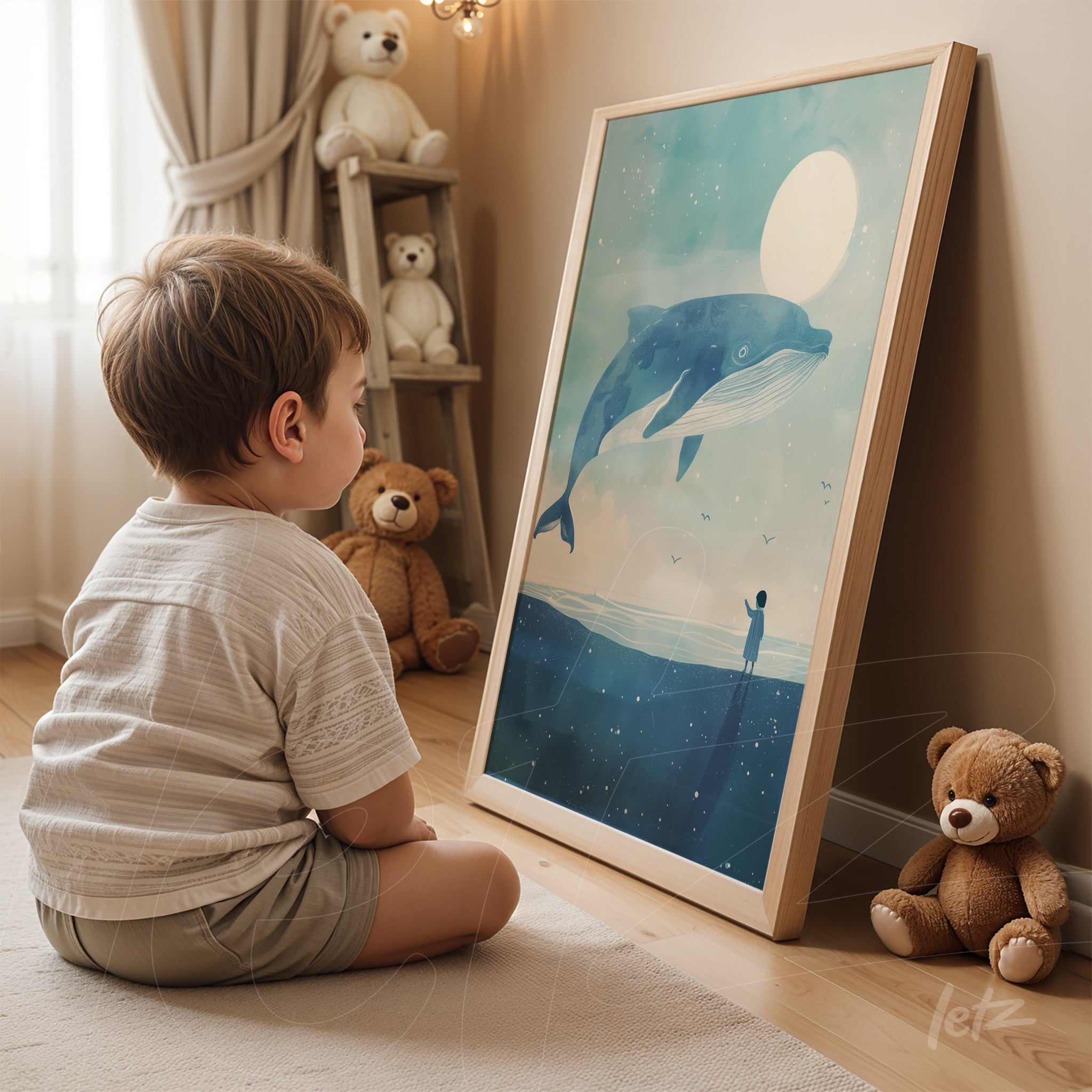 framed artwork depicting a whale swimming under the moonlight, placed on the floor next to a boy and teddy bears