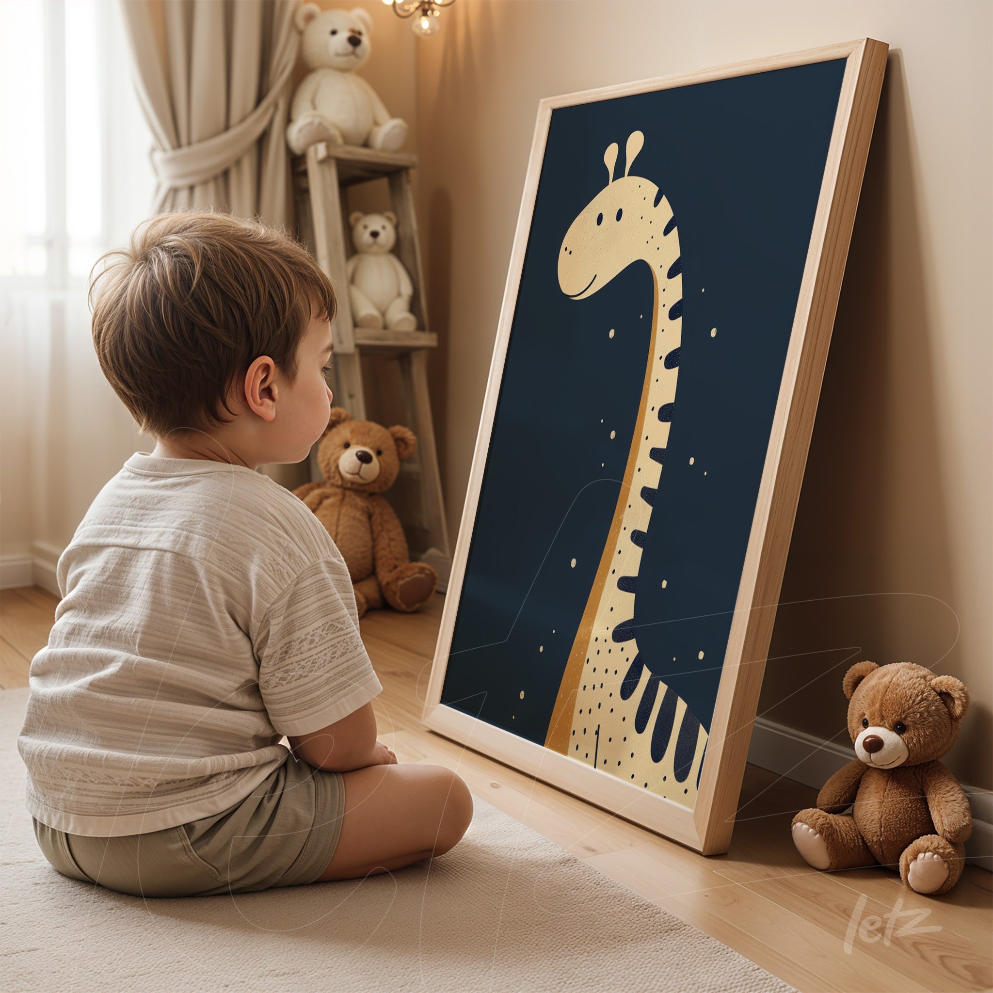 framed children's art depicting a giraffe against a dark background, displayed next to a boy sitting in front of it