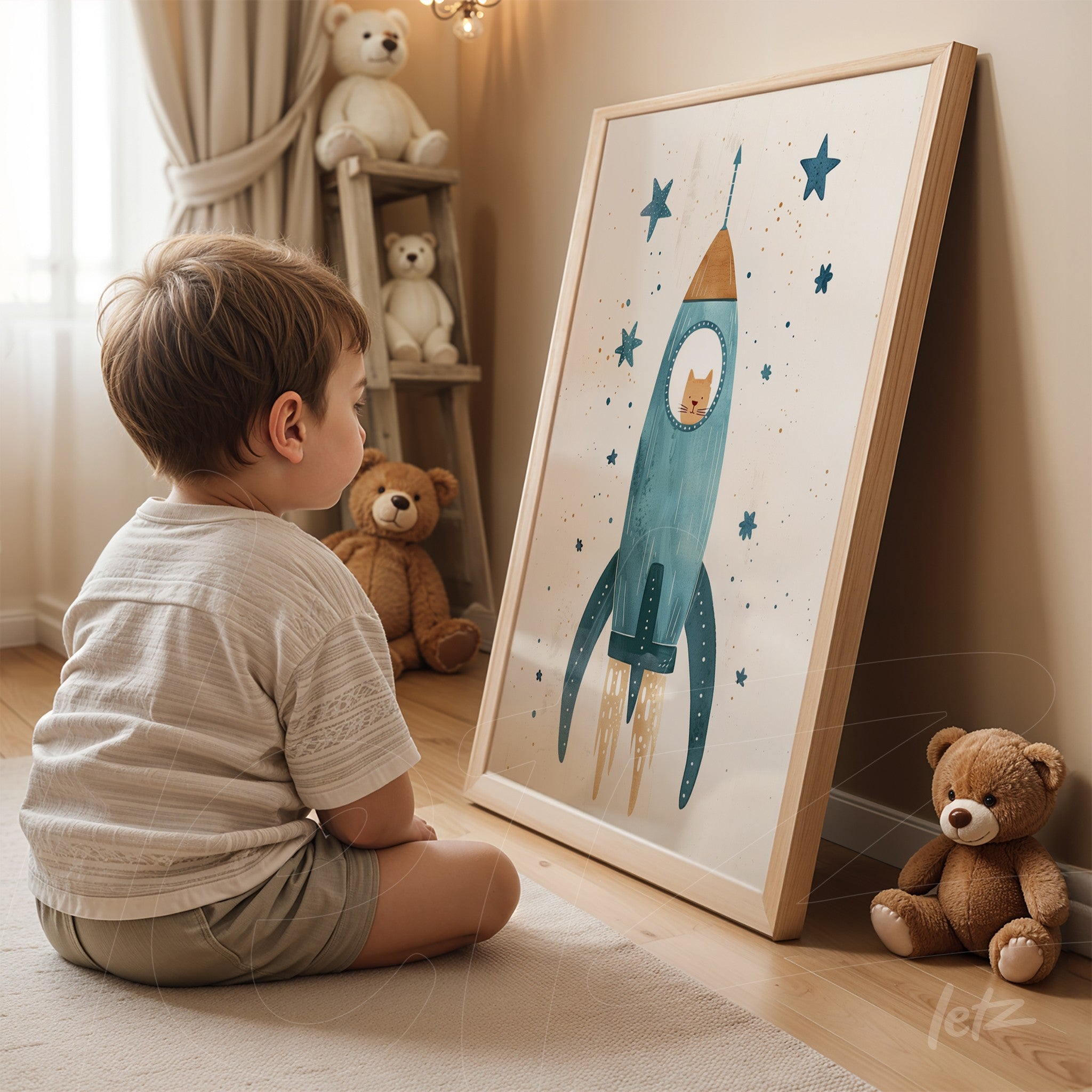 framed artwork featuring a blue rocket and stars displayed in a children's room next to plush teddy bears