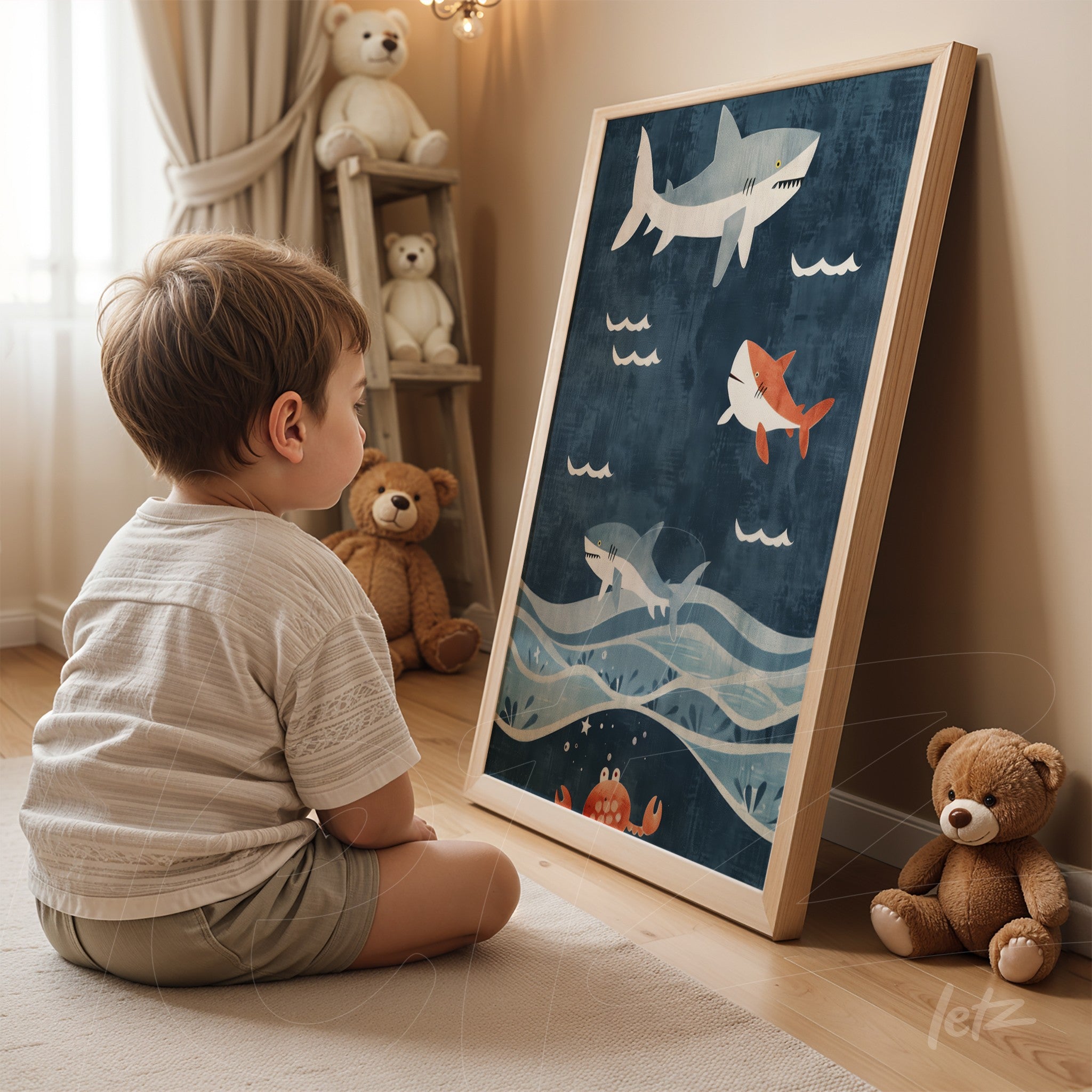 framed children's wall art featuring sharks and colorful fish against a blue background, leaning on the floor next to toys