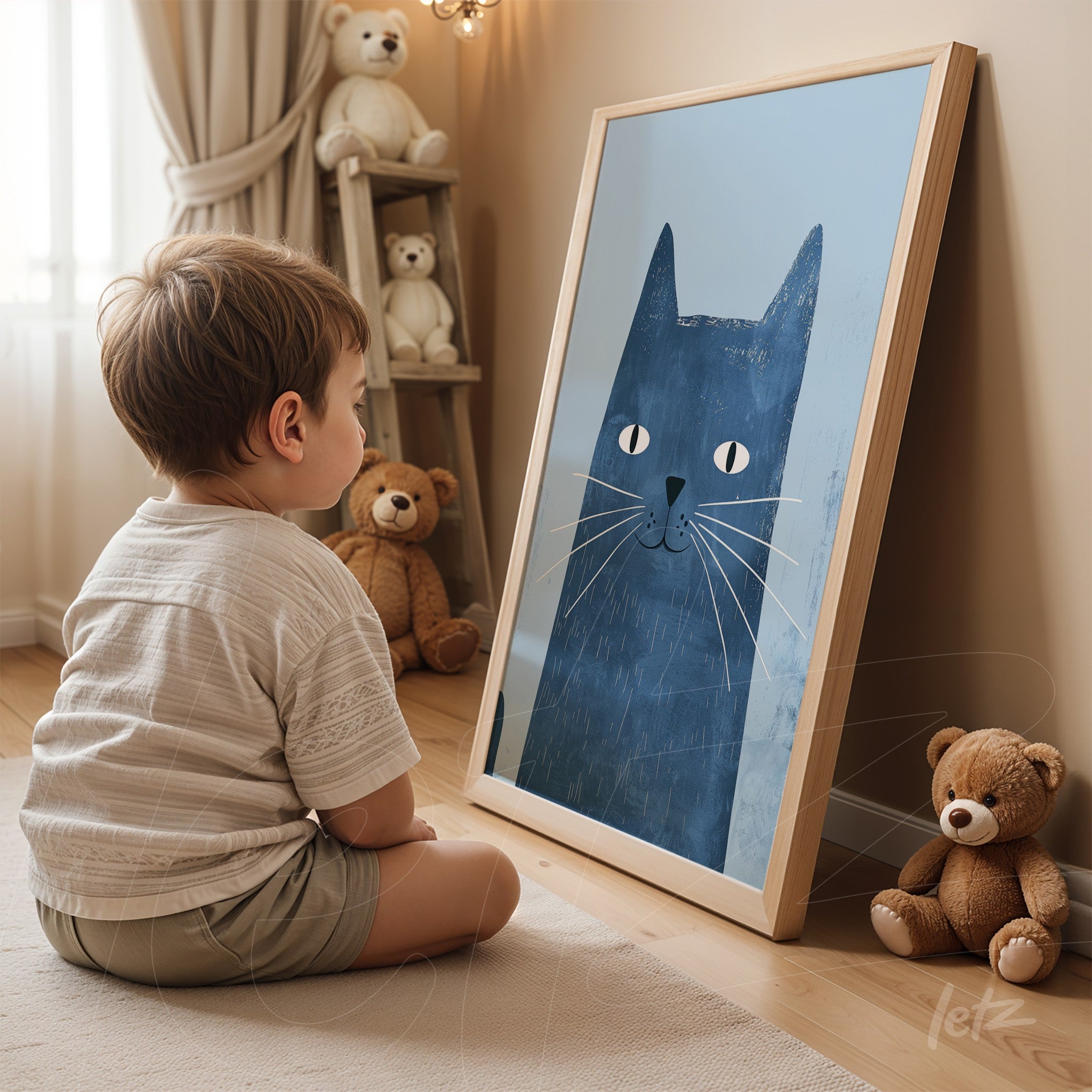 framed wall art featuring a blue cat illustration, leaning on the floor in a cozy setting surrounded by plush toys