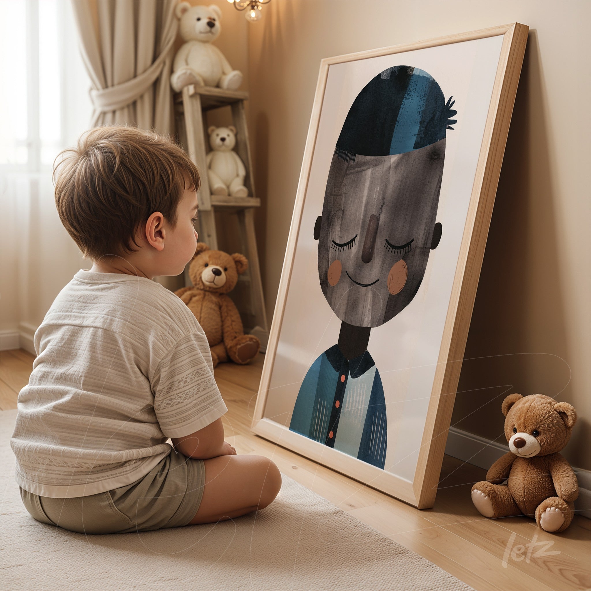 child sitting with back turned, looking at framed illustration of a smiling boy, light wood frame in a cozy room setting