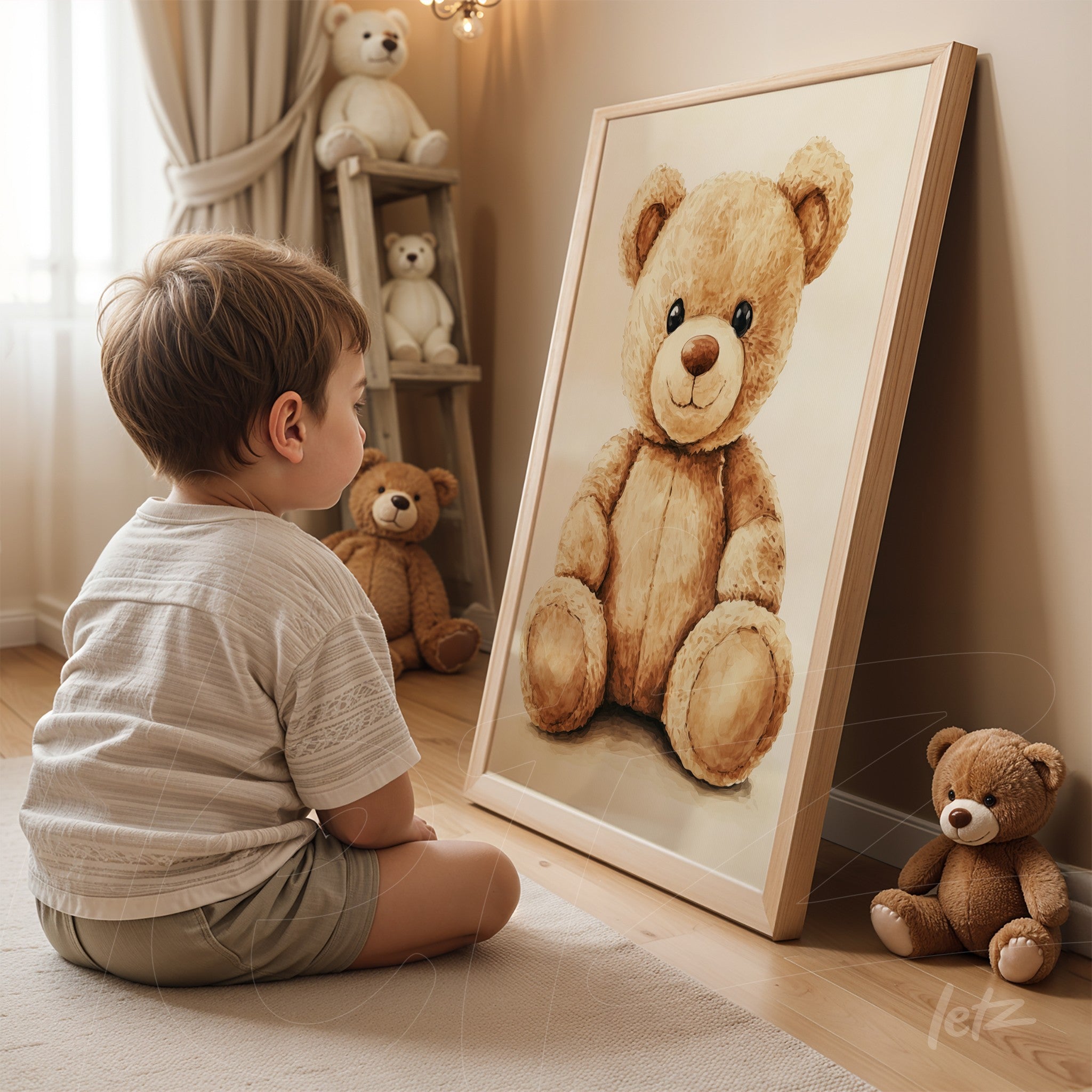 child sitting on the floor gazing at a large framed picture of a teddy bear with a light frame, neutral background, and stuffed bears in the room