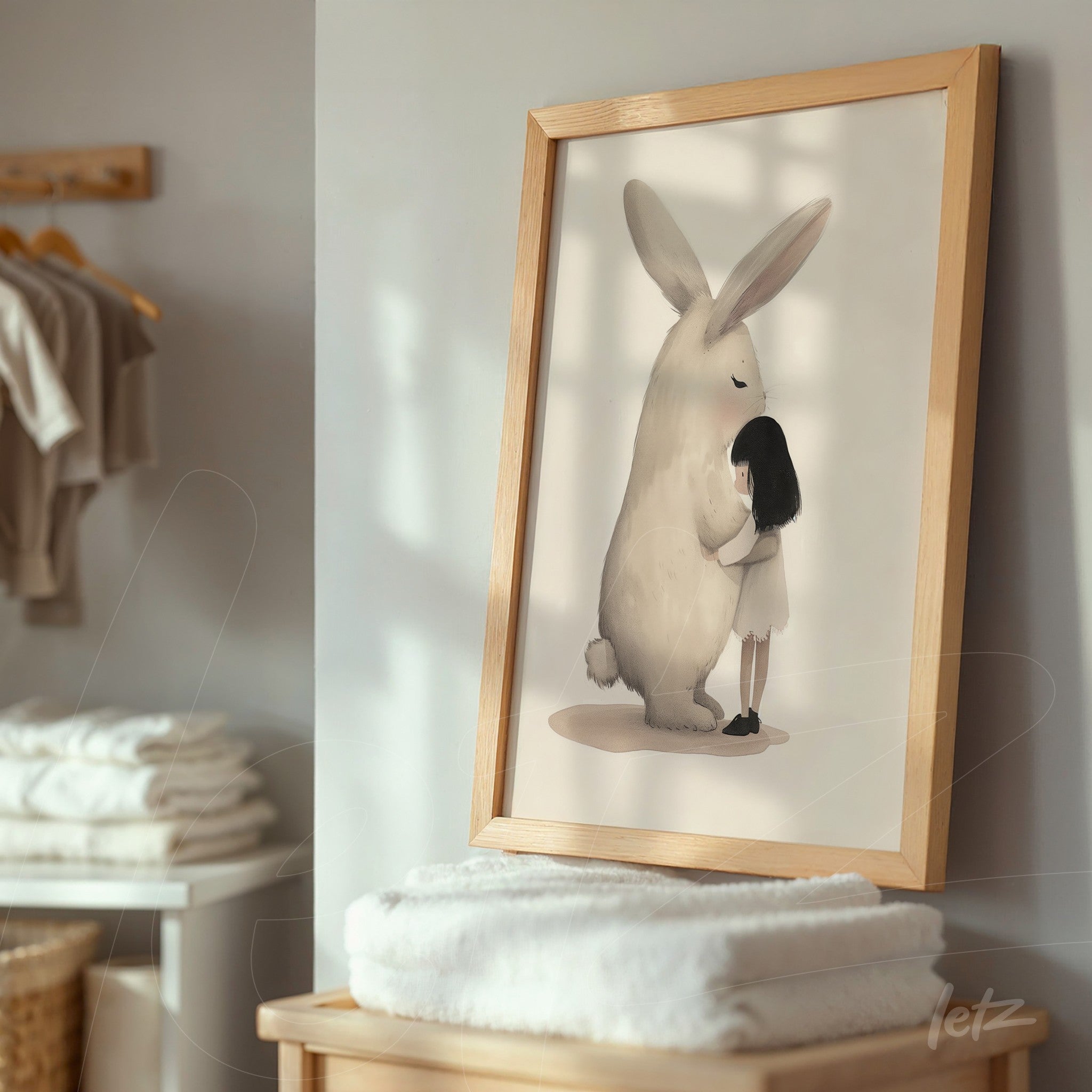 framed artwork of a giant rabbit embracing a child in a light wood frame