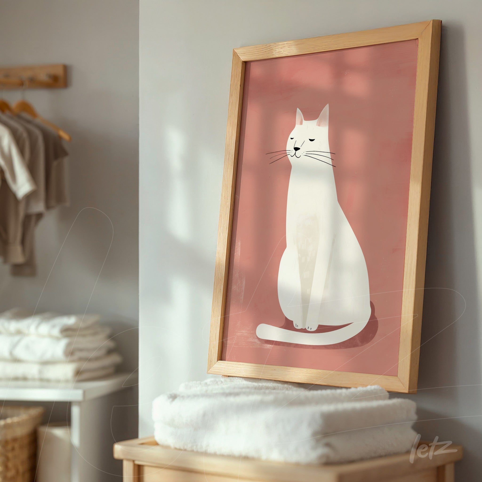 framed minimalistic illustration of a white cat on a pink background with a light wood frame displayed on a furniture piece in a home setting