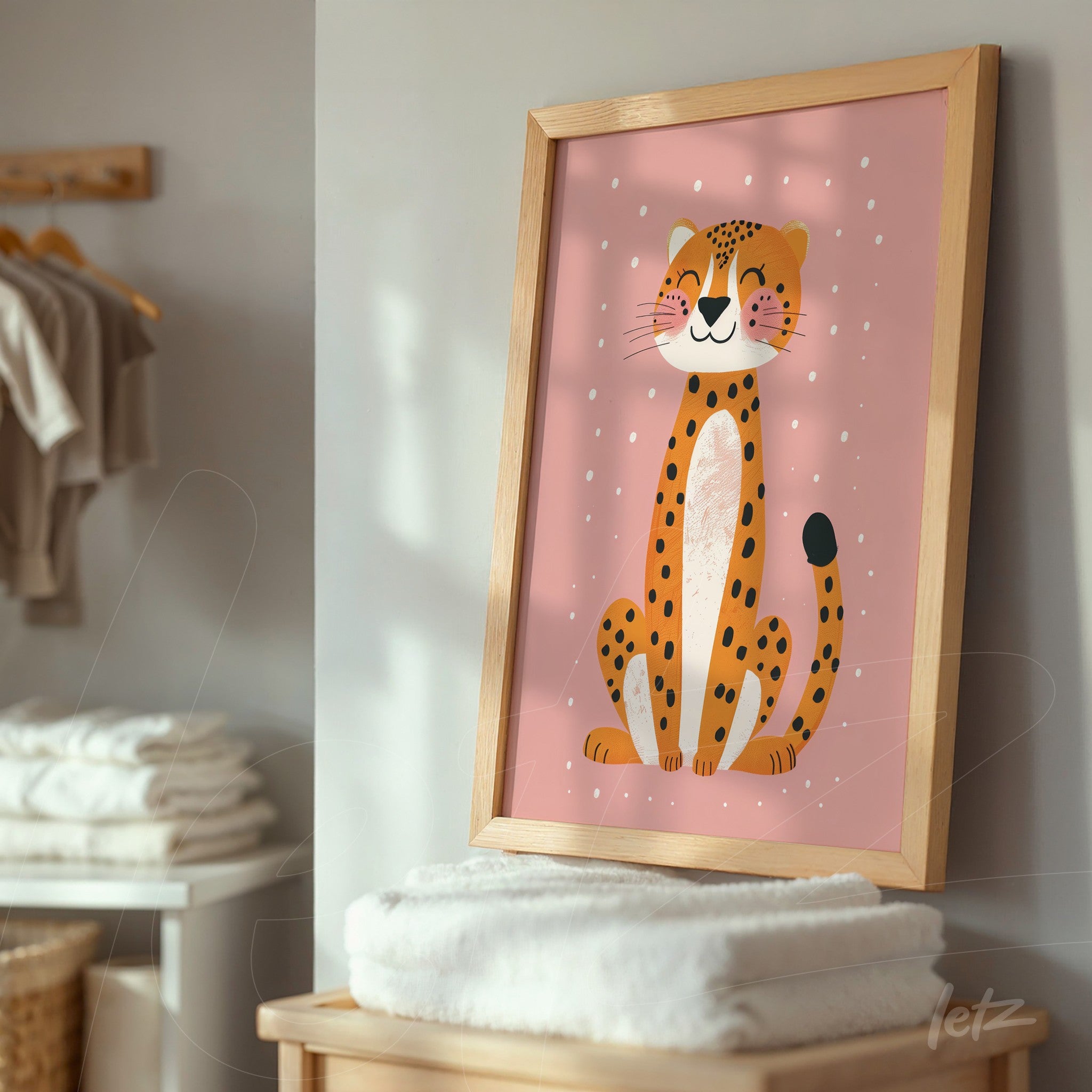 framed art featuring a smiling leopard illustration on a pink background leaning against a stack of white towels