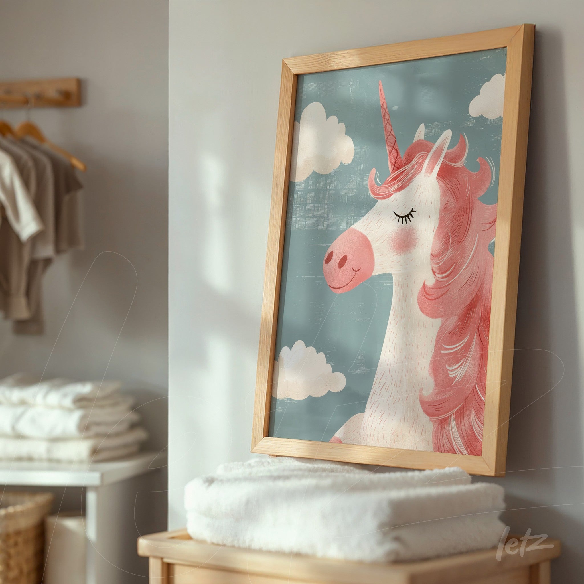 framed wall art featuring a unicorn illustration against a soft blue background with white clouds and light wood frame