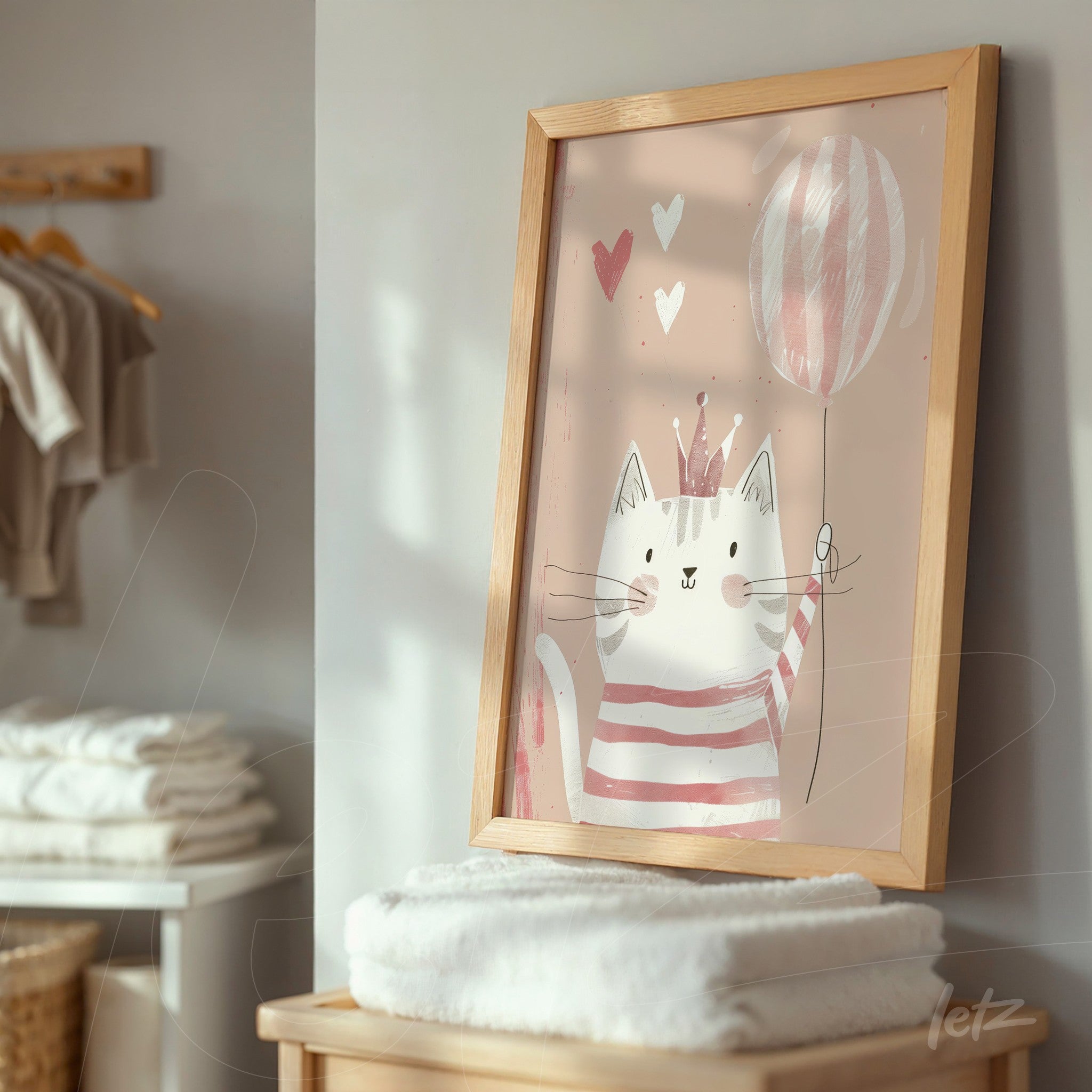 framed artwork of a cute cat holding a balloon at a party with a light wood frame