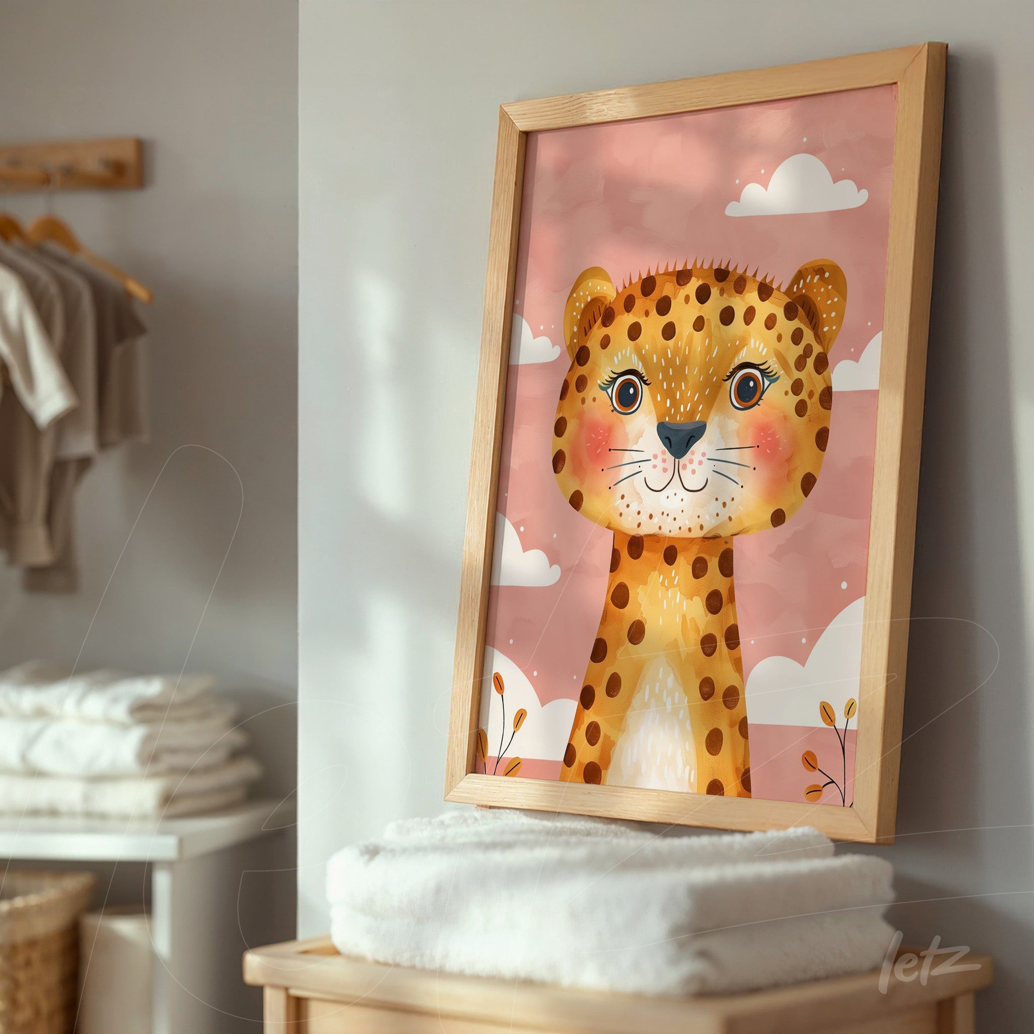 framed artwork featuring a colorful illustration of a leopard against a pink cloud background with light wooden frame