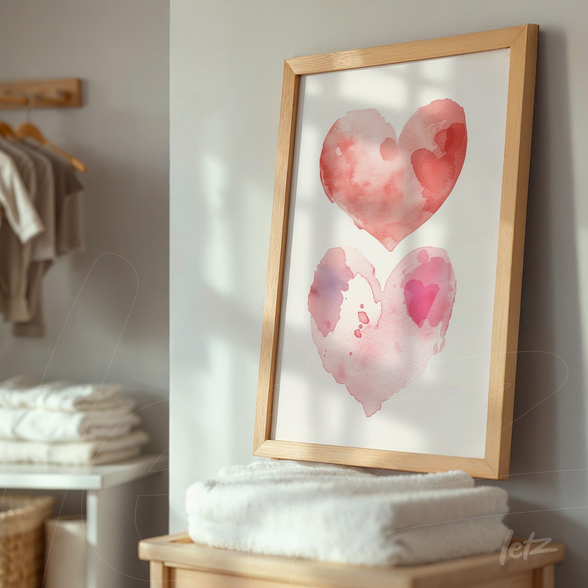 framed wall art featuring watercolor hearts in shades of pink and red with a light wood frame