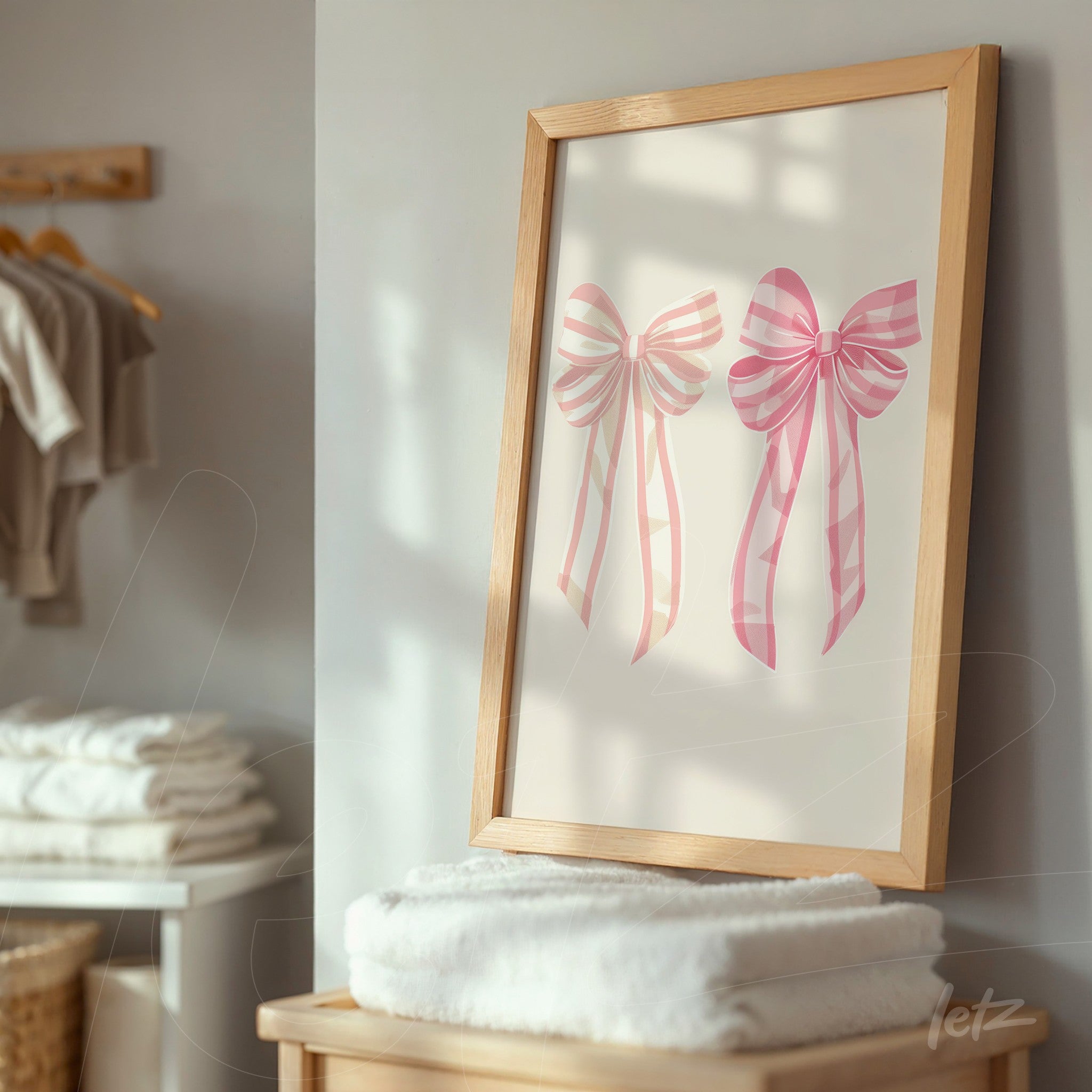 framed art featuring pink ribbon illustrations in light wood frame displayed on a table with folded towels in a bath setting