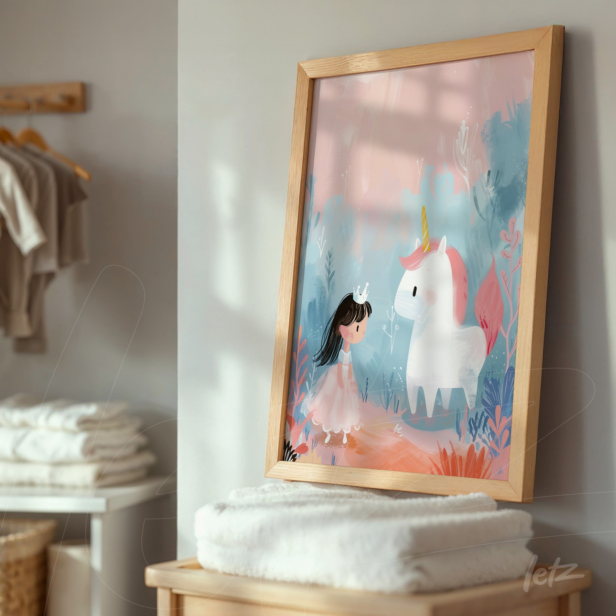 framed artwork featuring a whimsical illustration of a girl in a pink dress interacting with a white unicorn, light wooden frame in a cozy setting