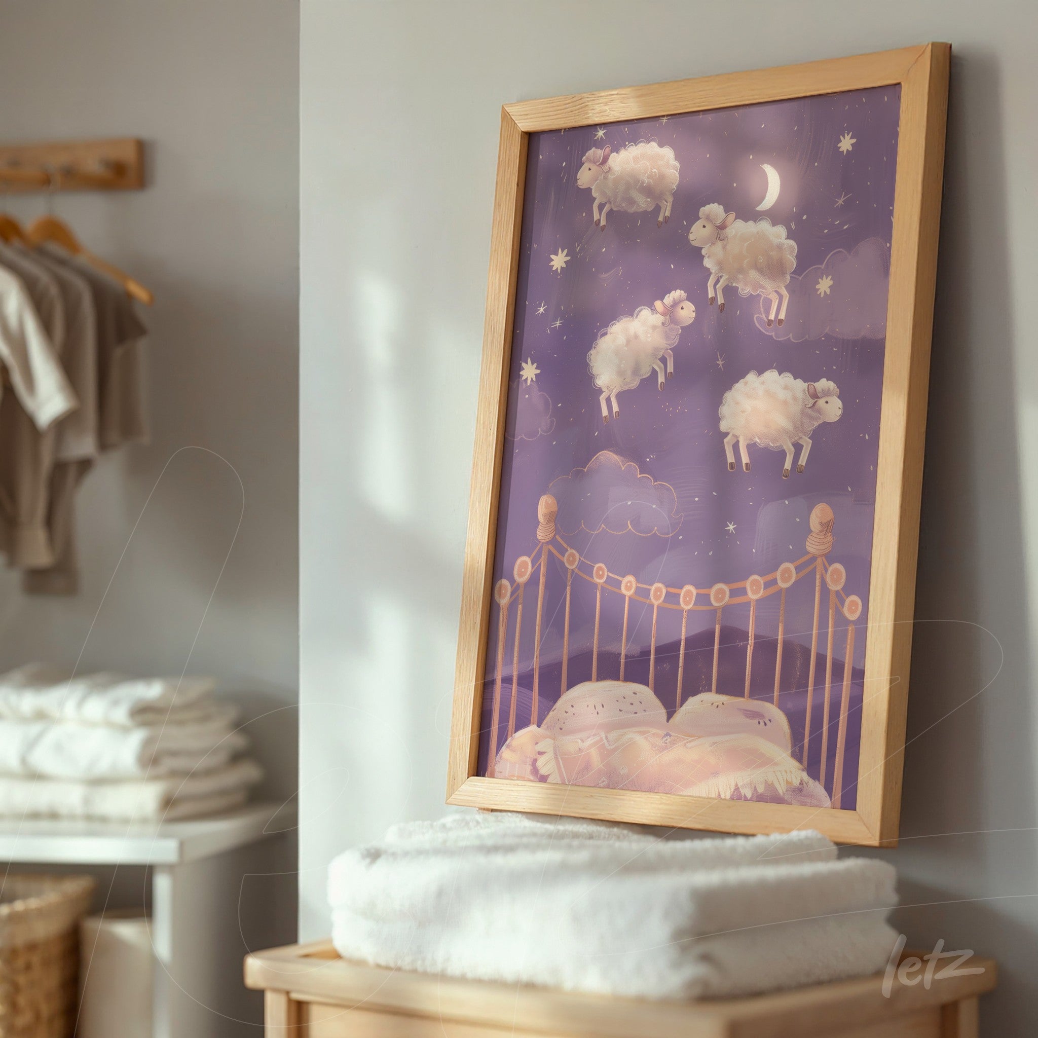 framed artwork of floating sheep above a bed on a purple background with light wood frame