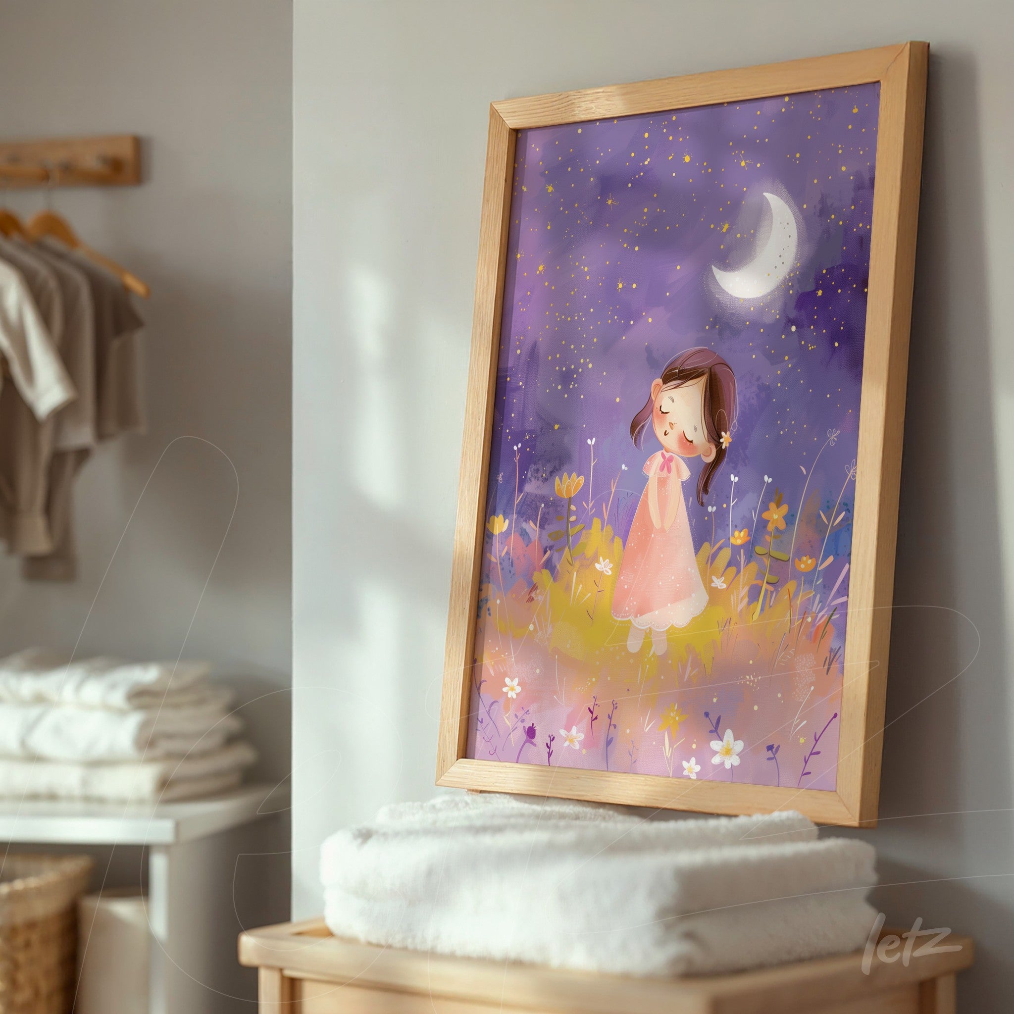 framed artwork of a girl in a pink dress surrounded by flowers and a crescent moon on a starry background with a light wooden frame