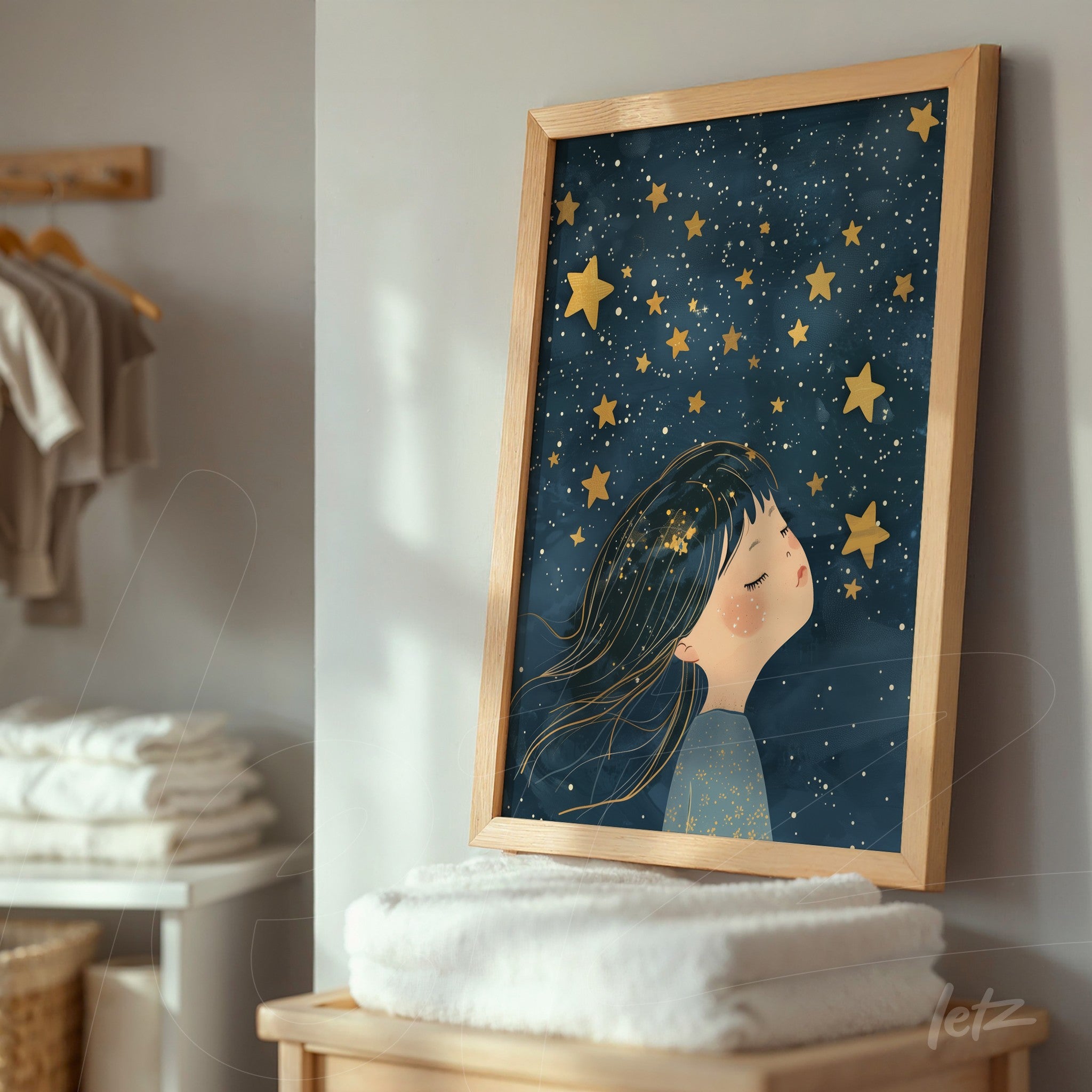 framed artwork of a girl dreaming under a starry sky with light wood frame