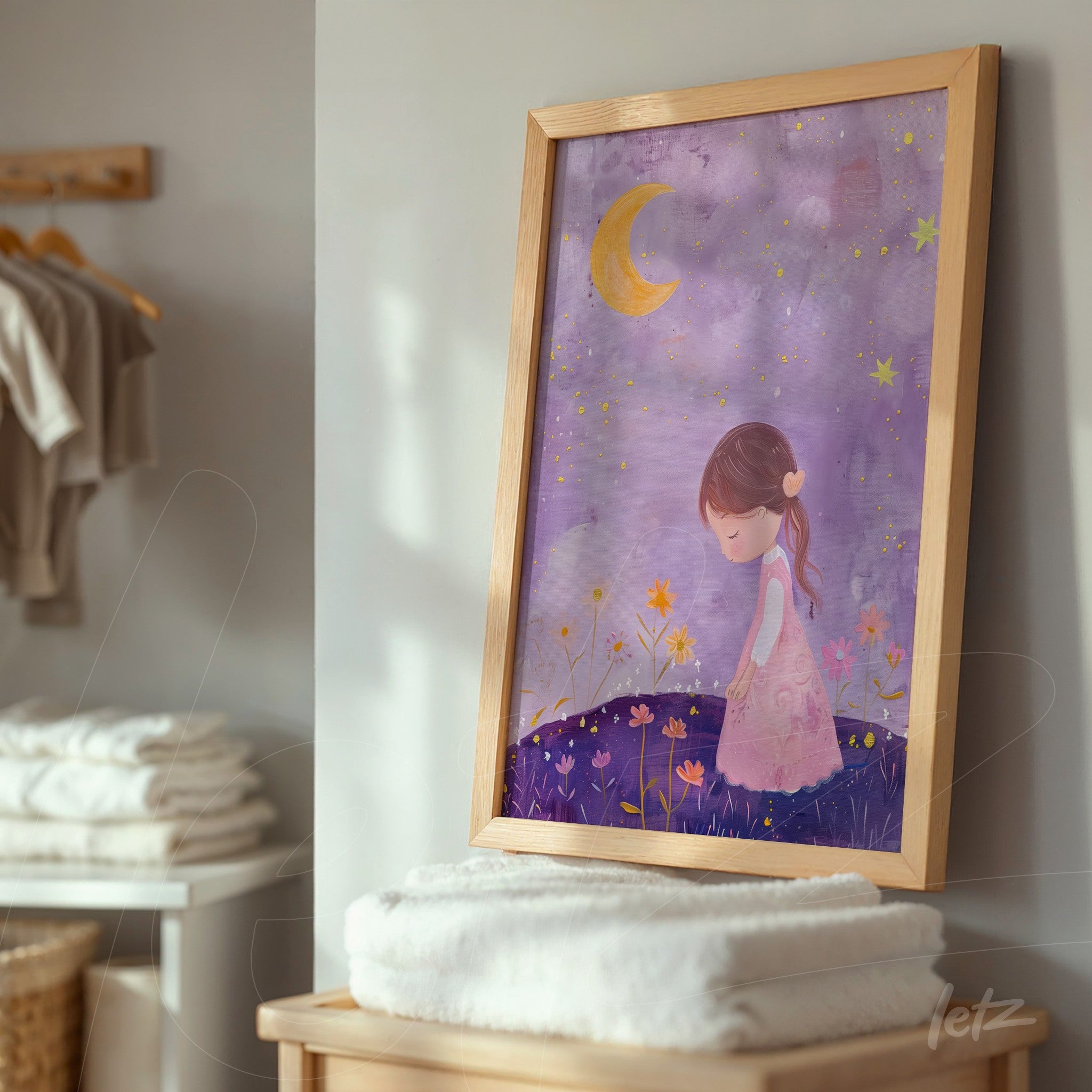 framed artwork of a dreaming girl with purple background featuring stars and flowers, light wood frame