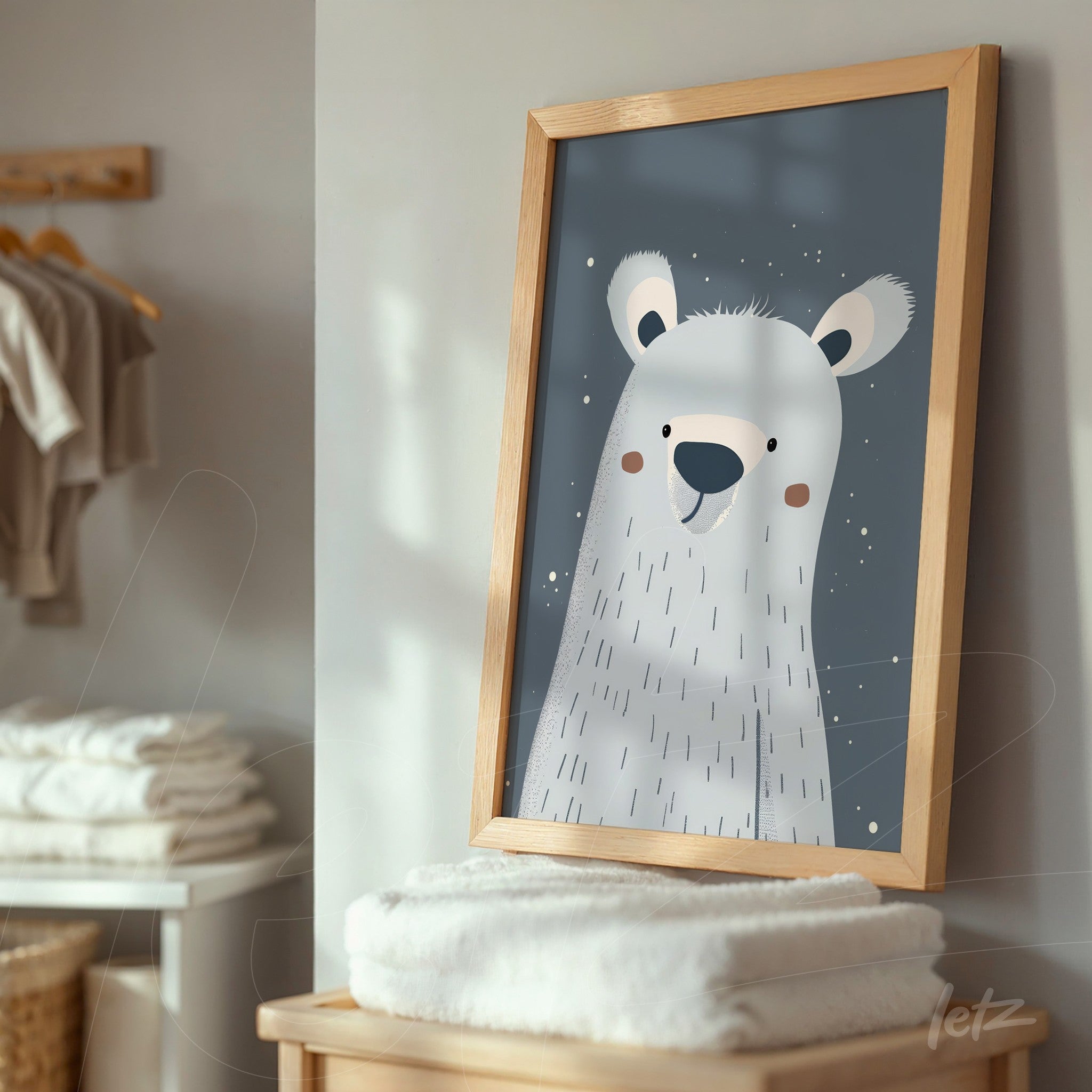 art illustration of a polar bear on gray background, framed in light wood and resting on a shelf in a home setting