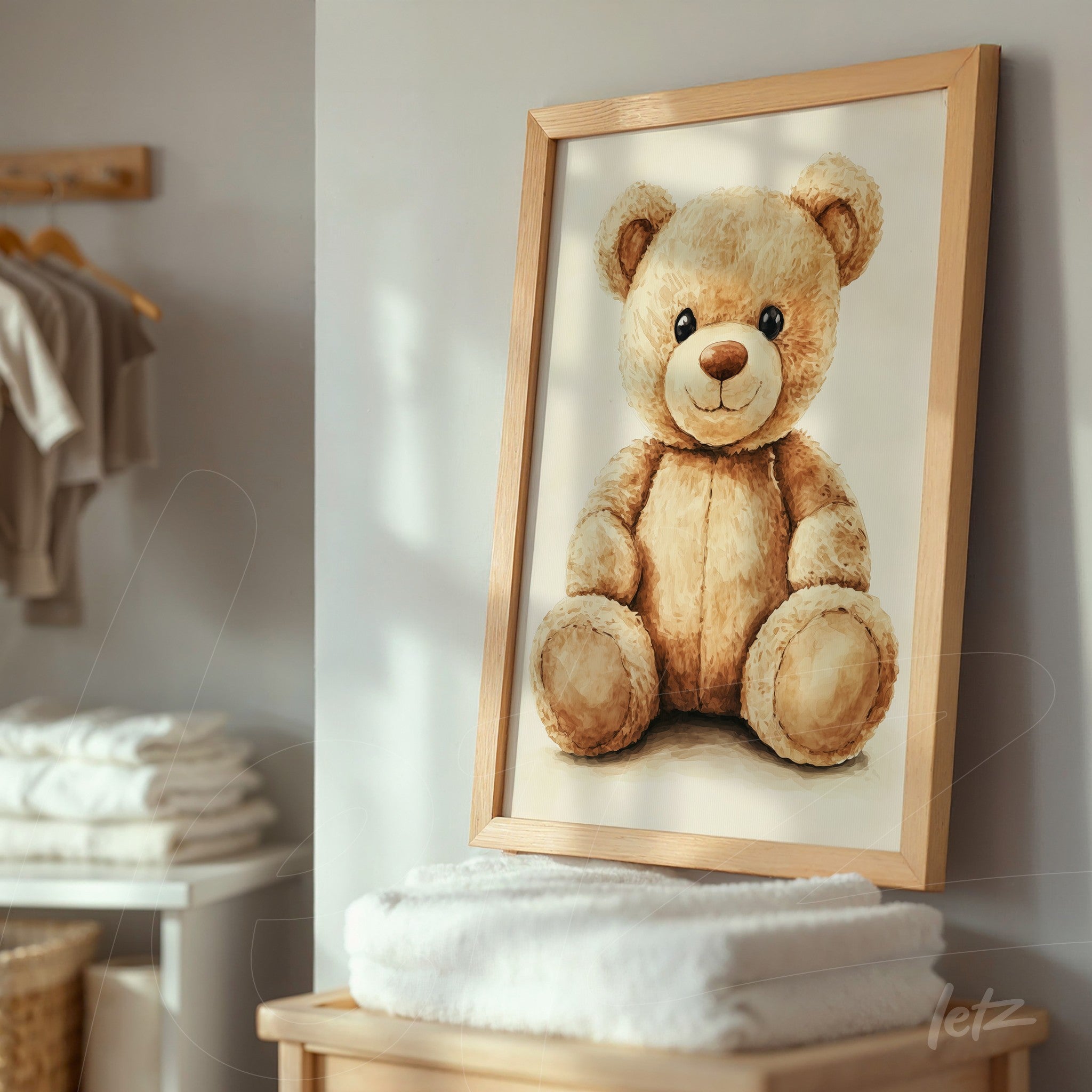 canvas print with teddy bear illustration, framed in light wood, resting on furniture with towels in the background