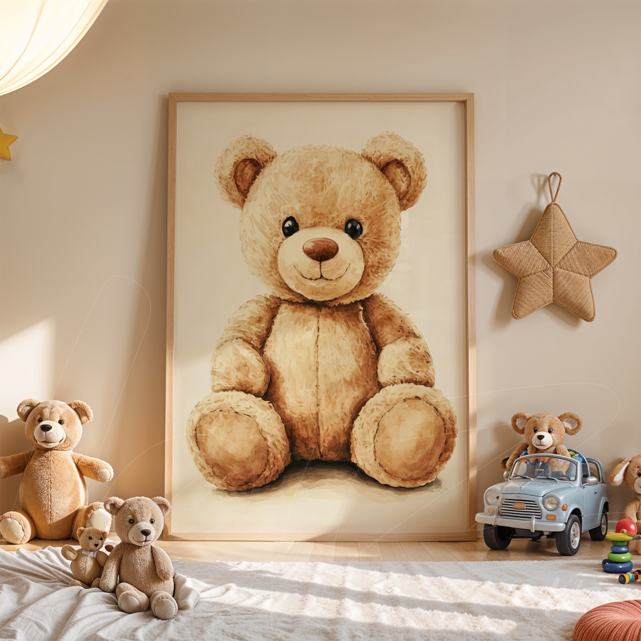 wooden framed wall art of a teddy bear against a beige wall