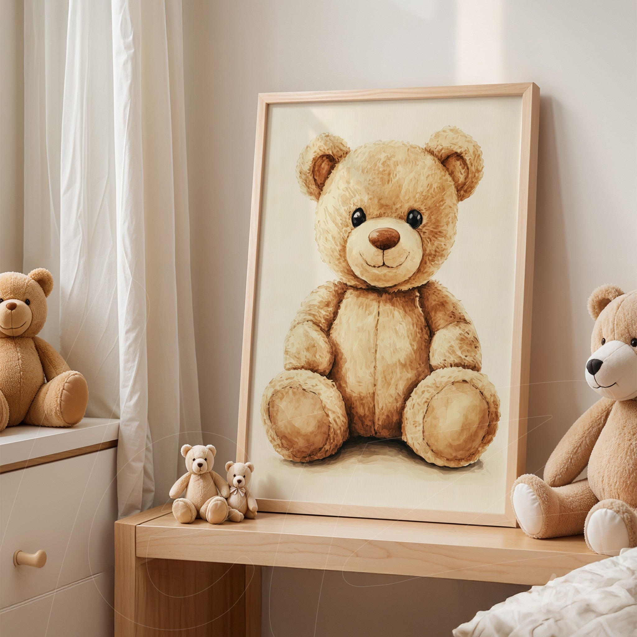 framed illustration of a teddy bear in light wood frame, displayed on a wooden dresser beside small teddy bears