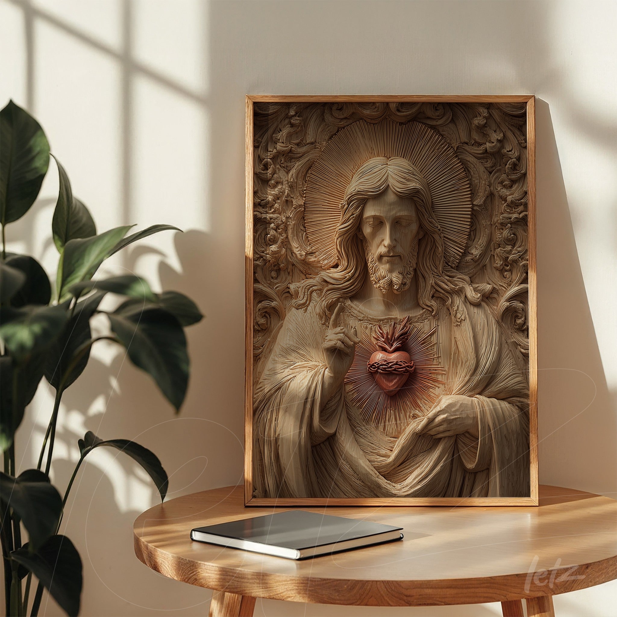 wood relief artwork depicting jesus with the sacred heart in a light wood frame, displayed on a wooden table next to a plant