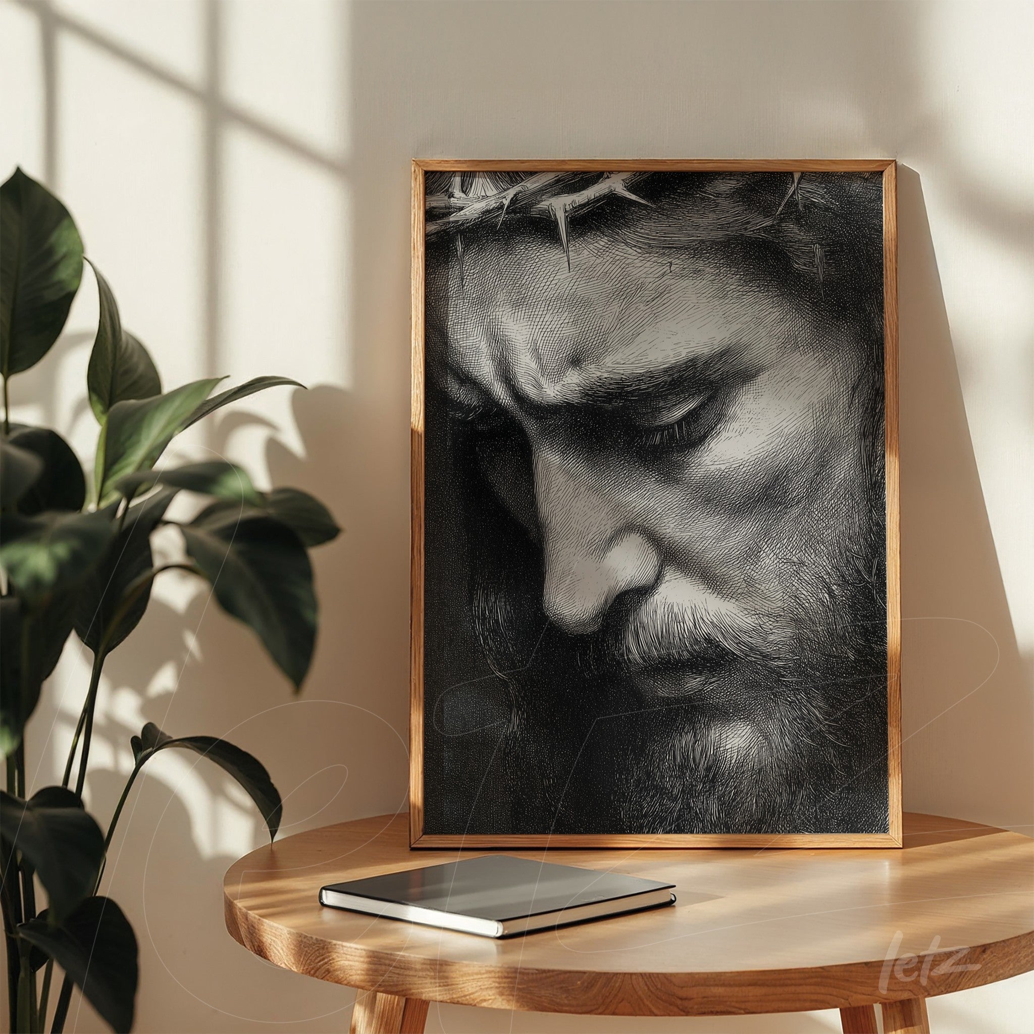 framed wall art depicting a monochromatic portrait of a man with a crown of thorns and a serene expression in a bright setting
