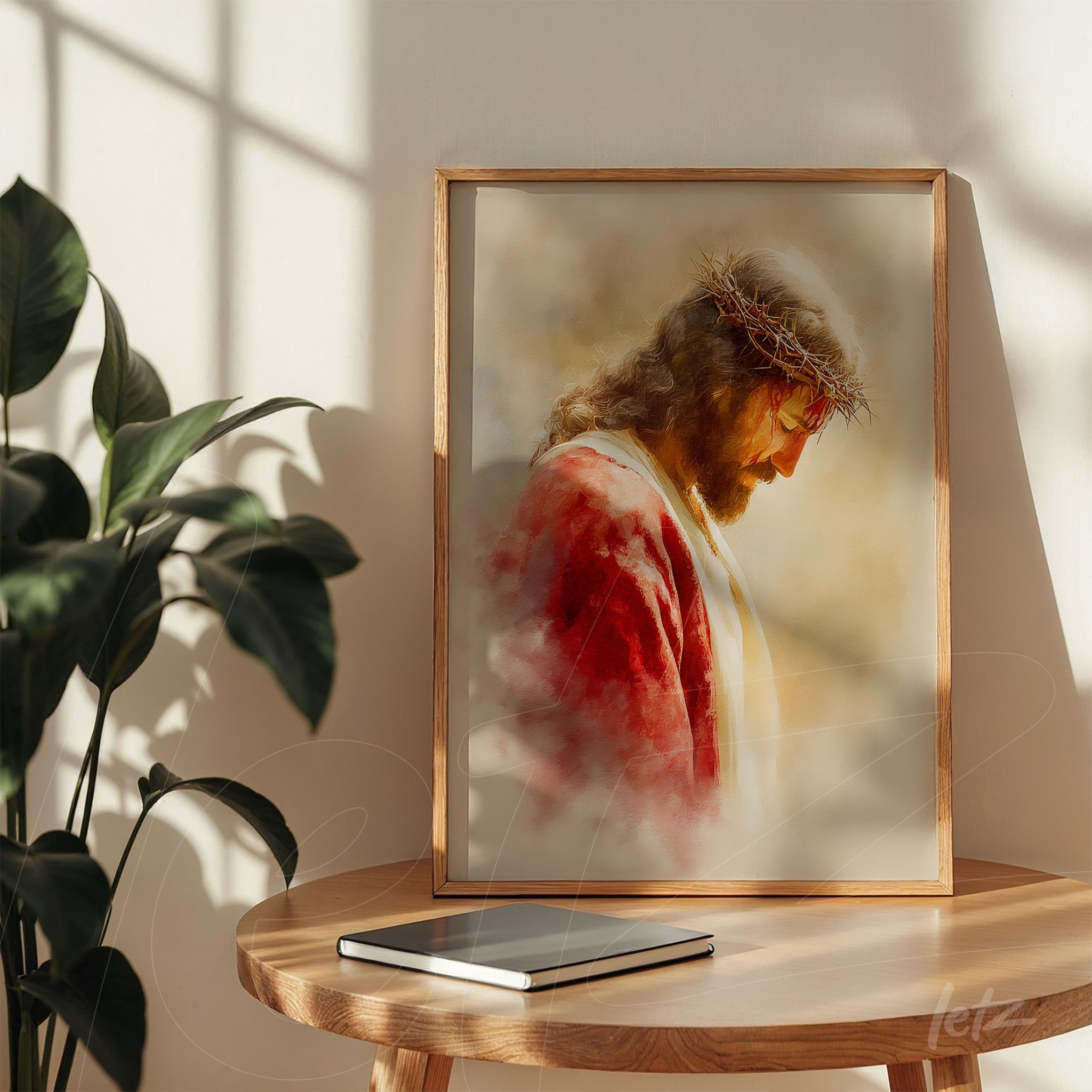framed artwork depicting jesus christ wearing a crown of thorns in a light wooden frame