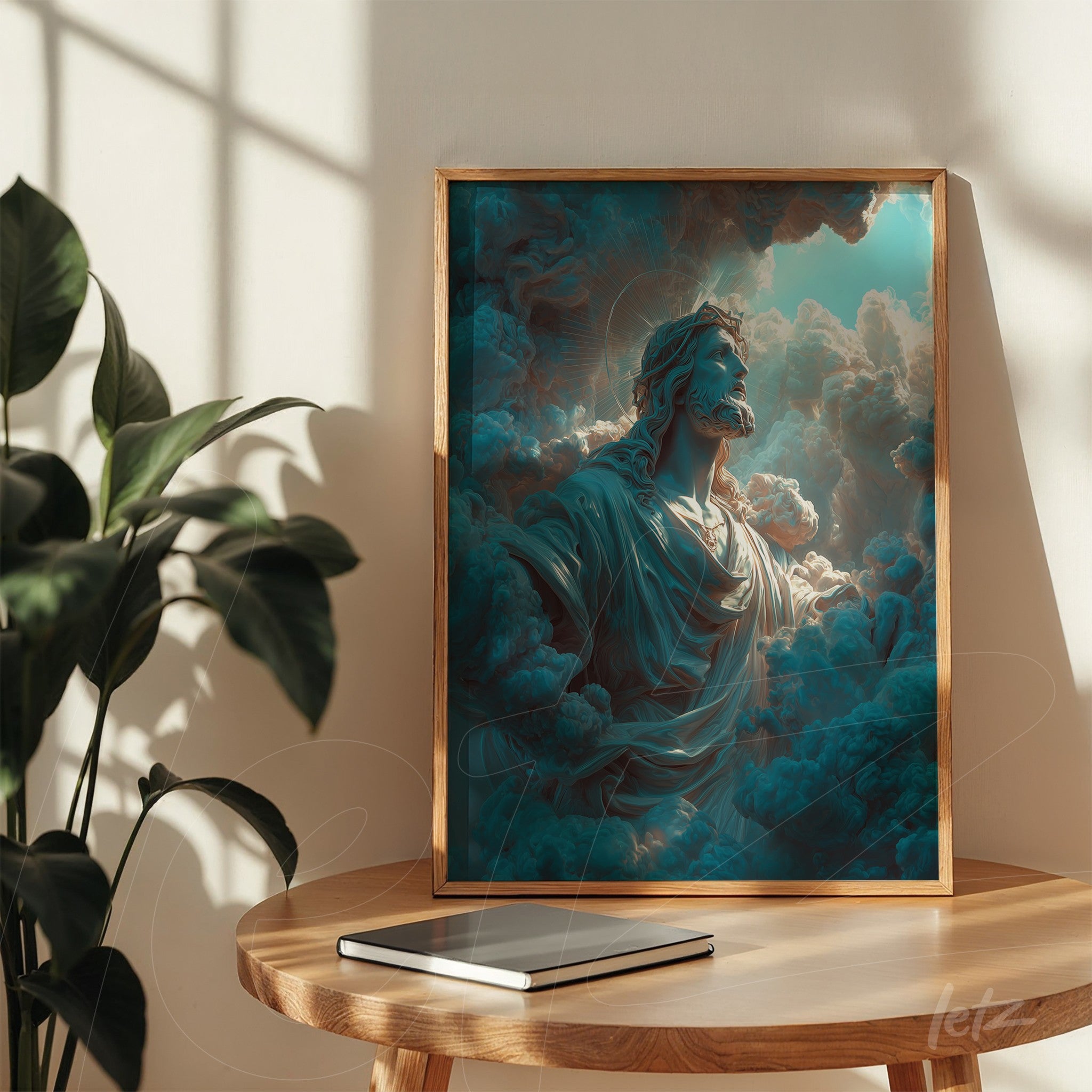 framed wall art featuring a digital illustration of a Christian figure surrounded by blue clouds against a glowing background