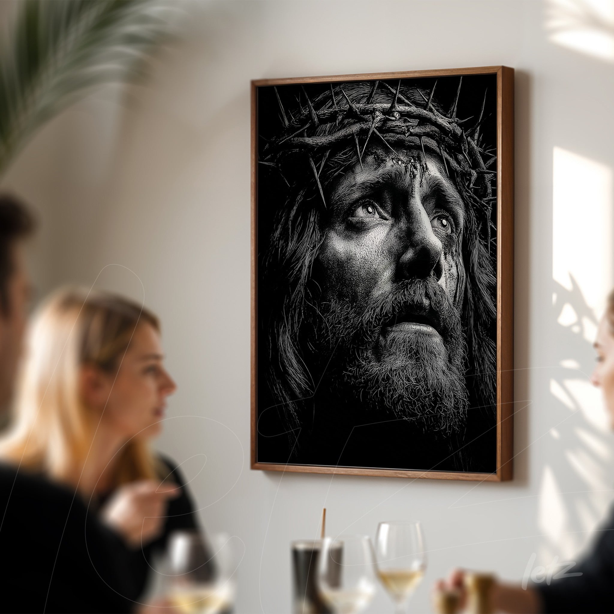 black and white framed portrait of jesus christ with crown of thorns in dark wooden frame