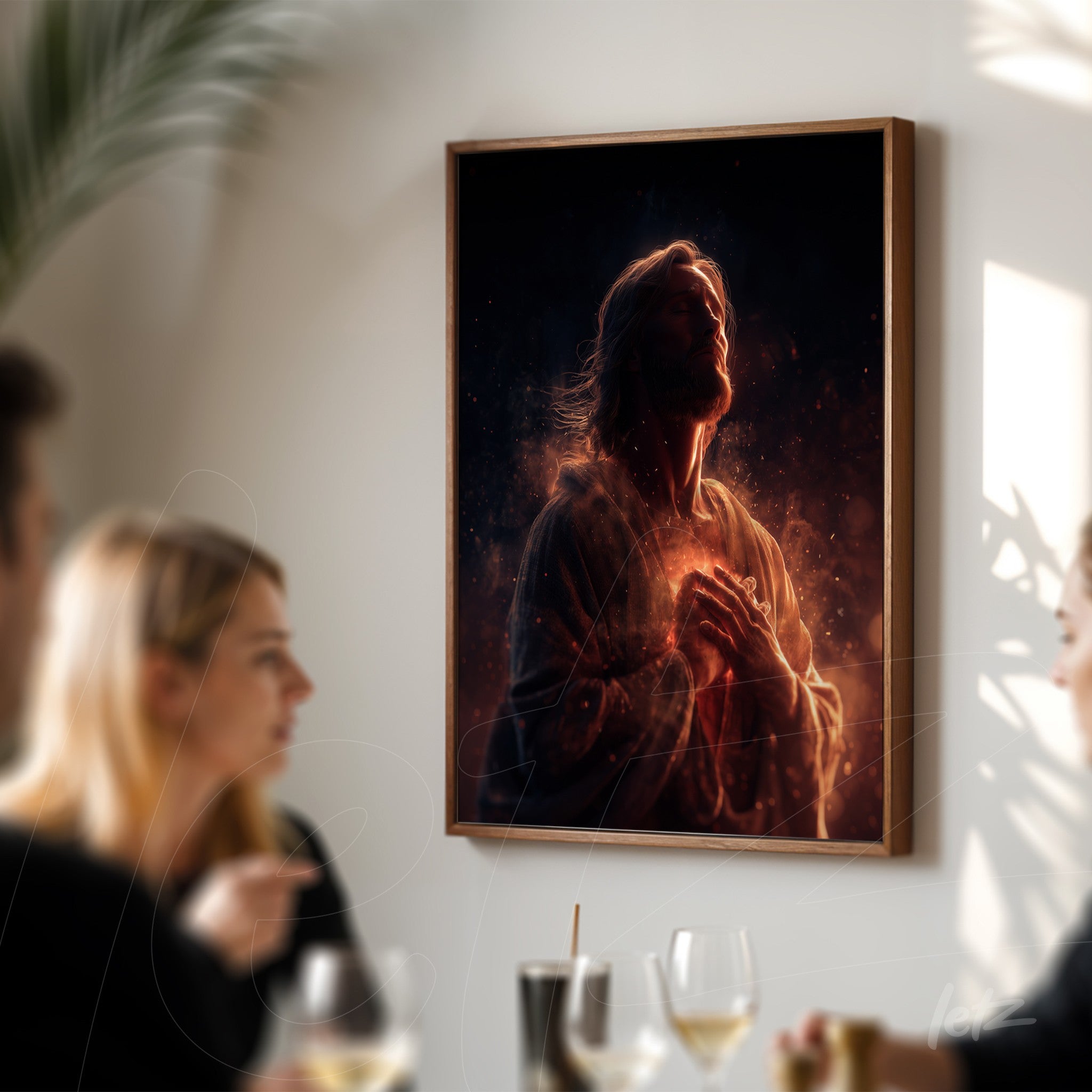 framed artwork featuring a dramatic portrayal of Jesus surrounded by a luminous aura
