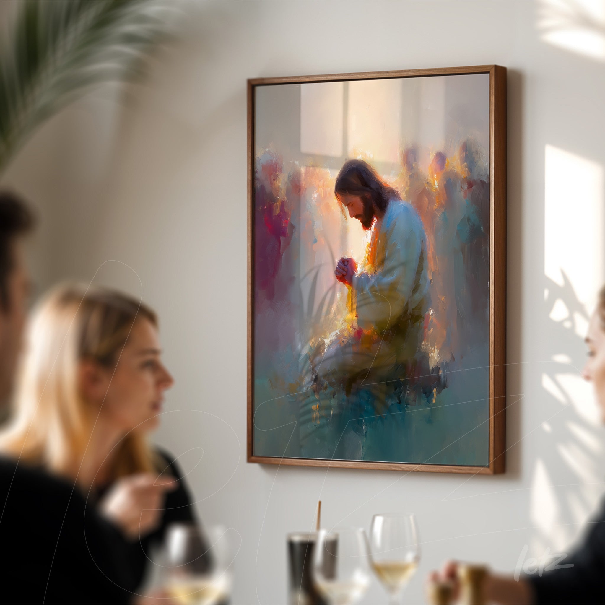framed abstract art depicting a contemplative male figure with a soft background and light colors