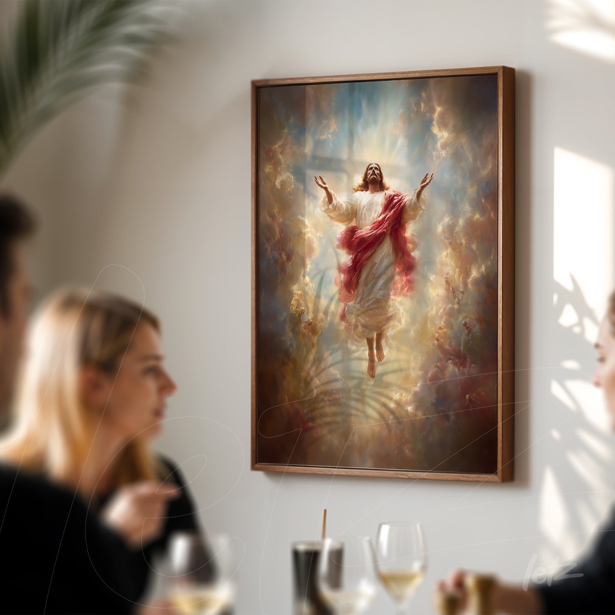 framed artwork depicting a classic representation of Jesus Christ ascending to heaven against a light wall