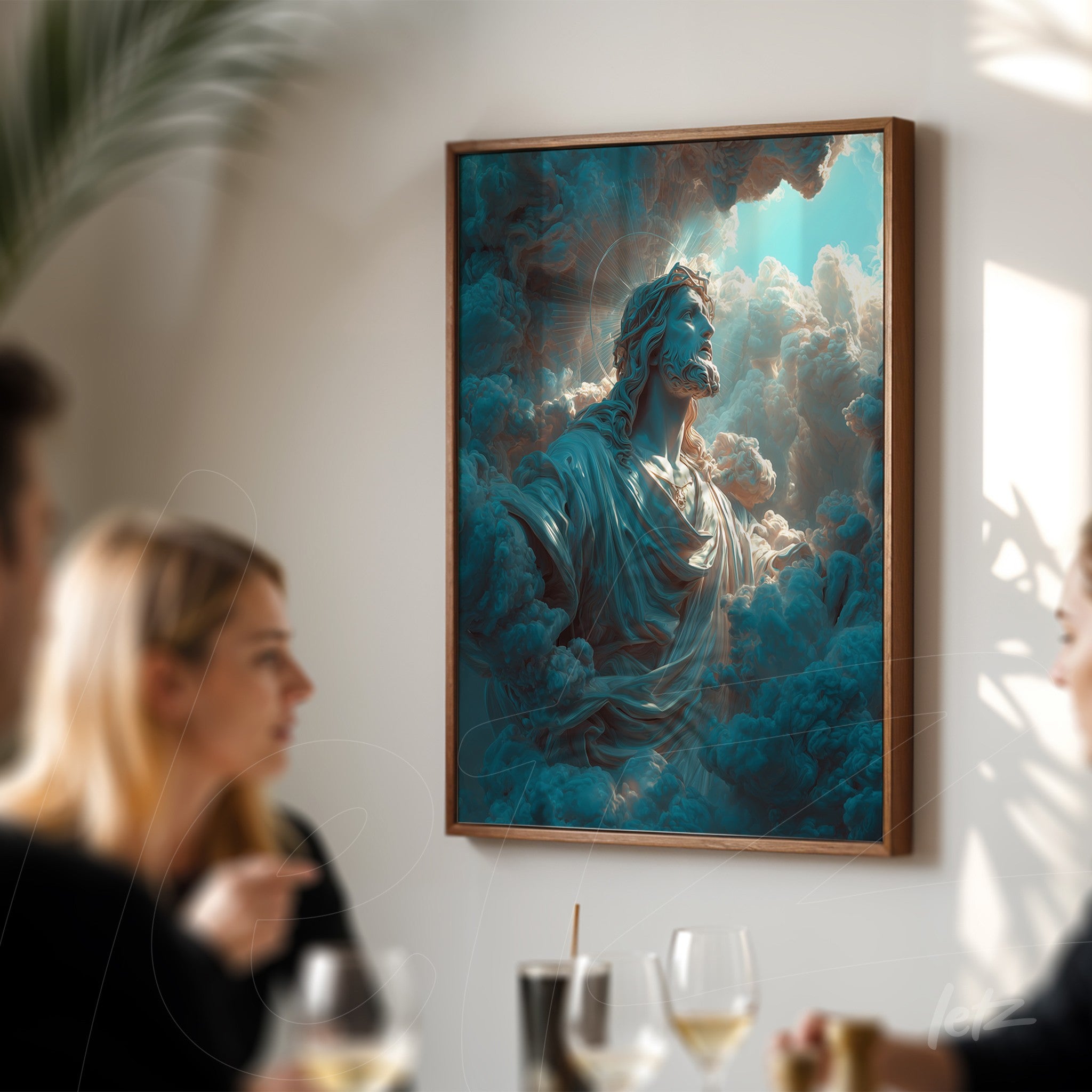 framed digital art of a religious figure surrounded by blue clouds with light rays