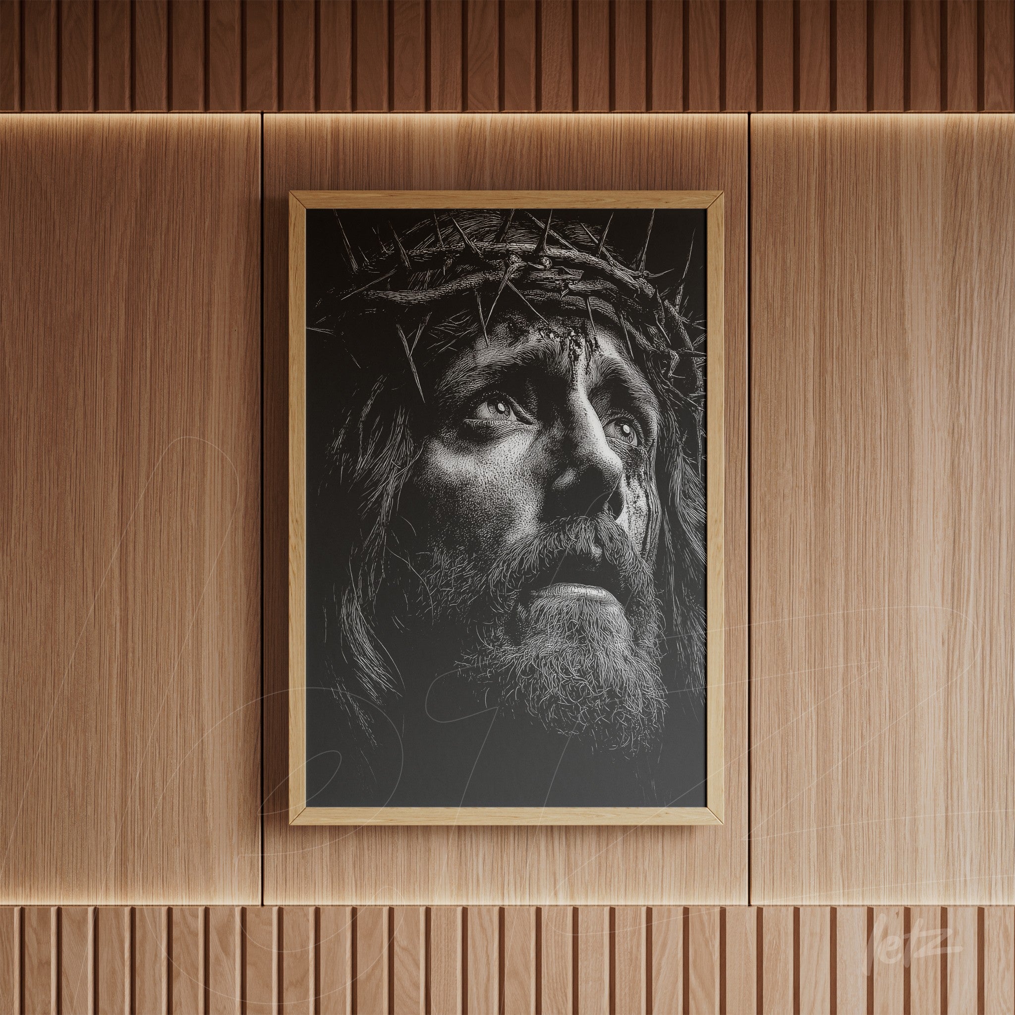 framed wall art featuring a black and white depiction of Jesus with a crown of thorns on a dark background
