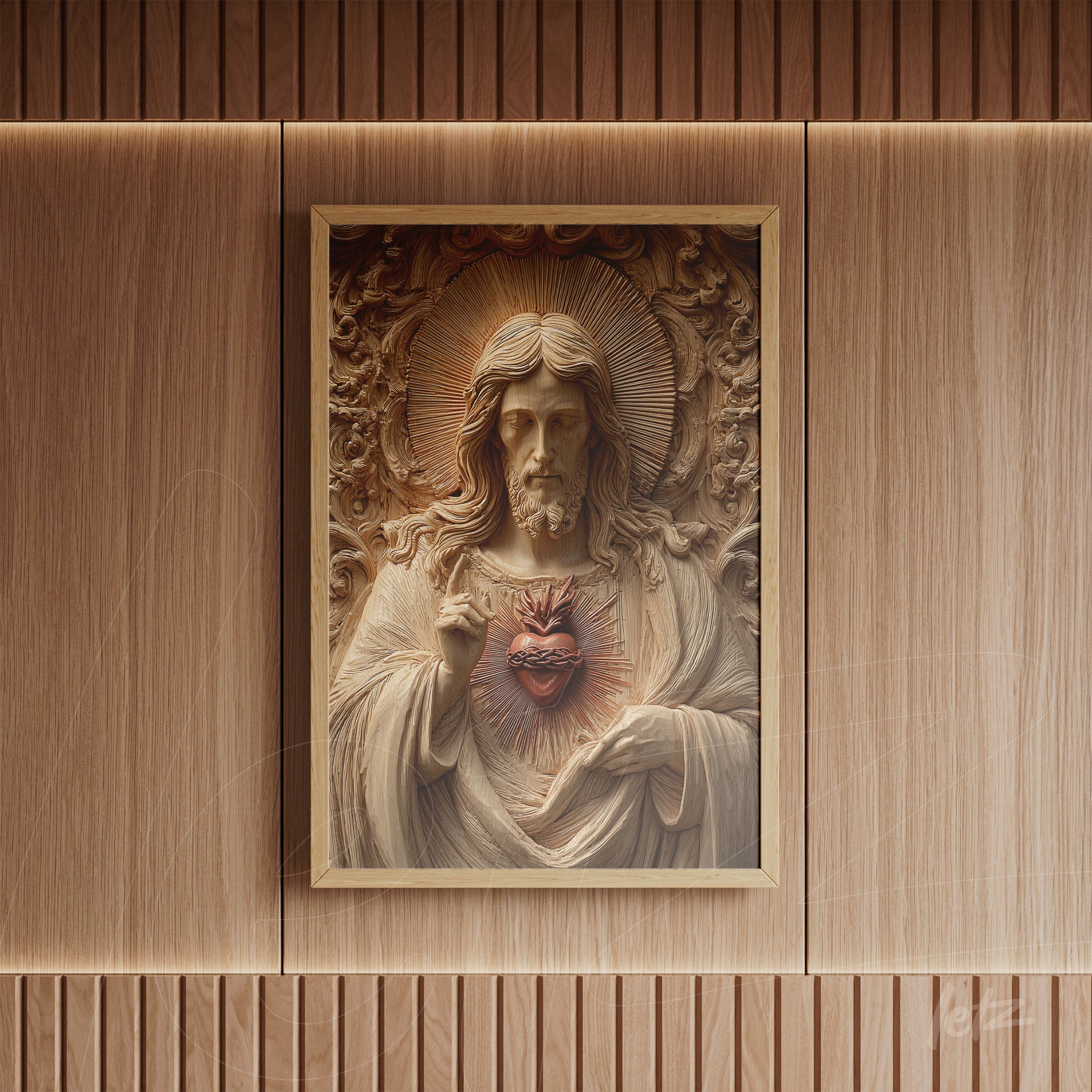 framed wall art featuring a three-dimensional sculpture of Jesus Christ with the Sacred Heart in light wood frame