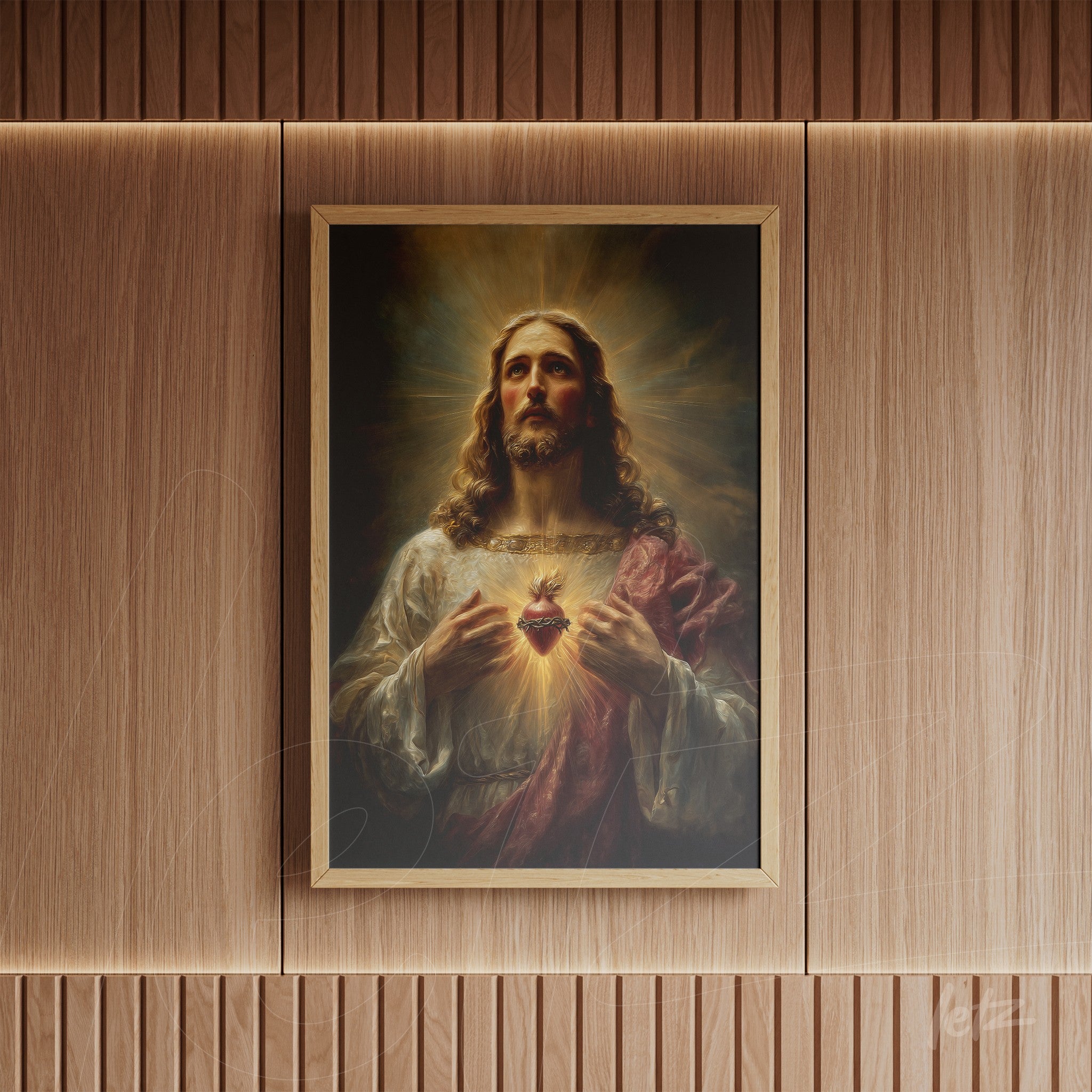 religious art print featuring a portrait of Jesus Christ displaying the Sacred Heart in a light wooden frame