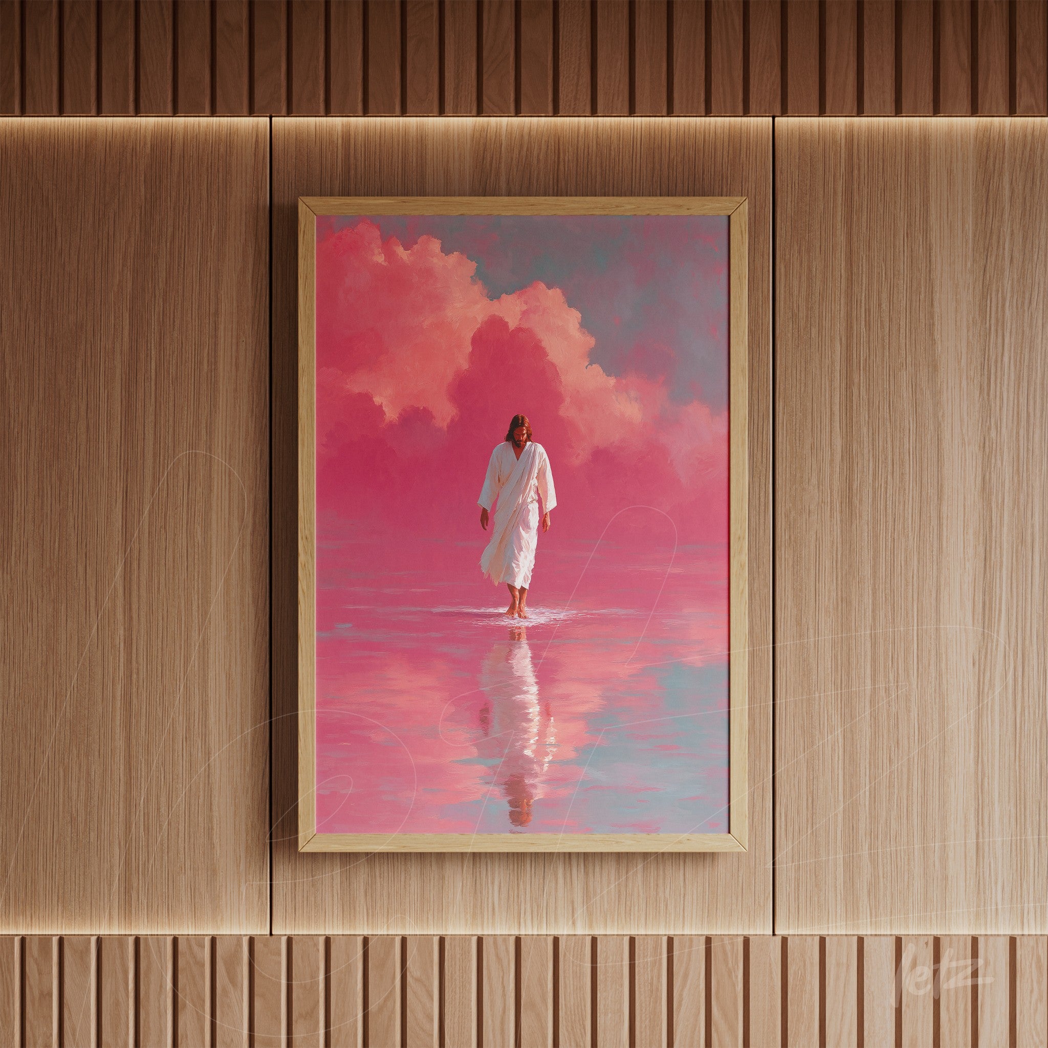framed wall art depicting a religious figure walking on water with pink clouds reflected on the surface