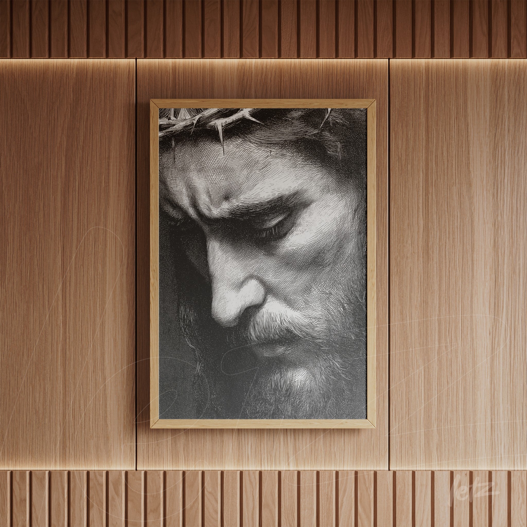 black and white wall art featuring a close-up of a male face with a crown of thorns in a light wood frame