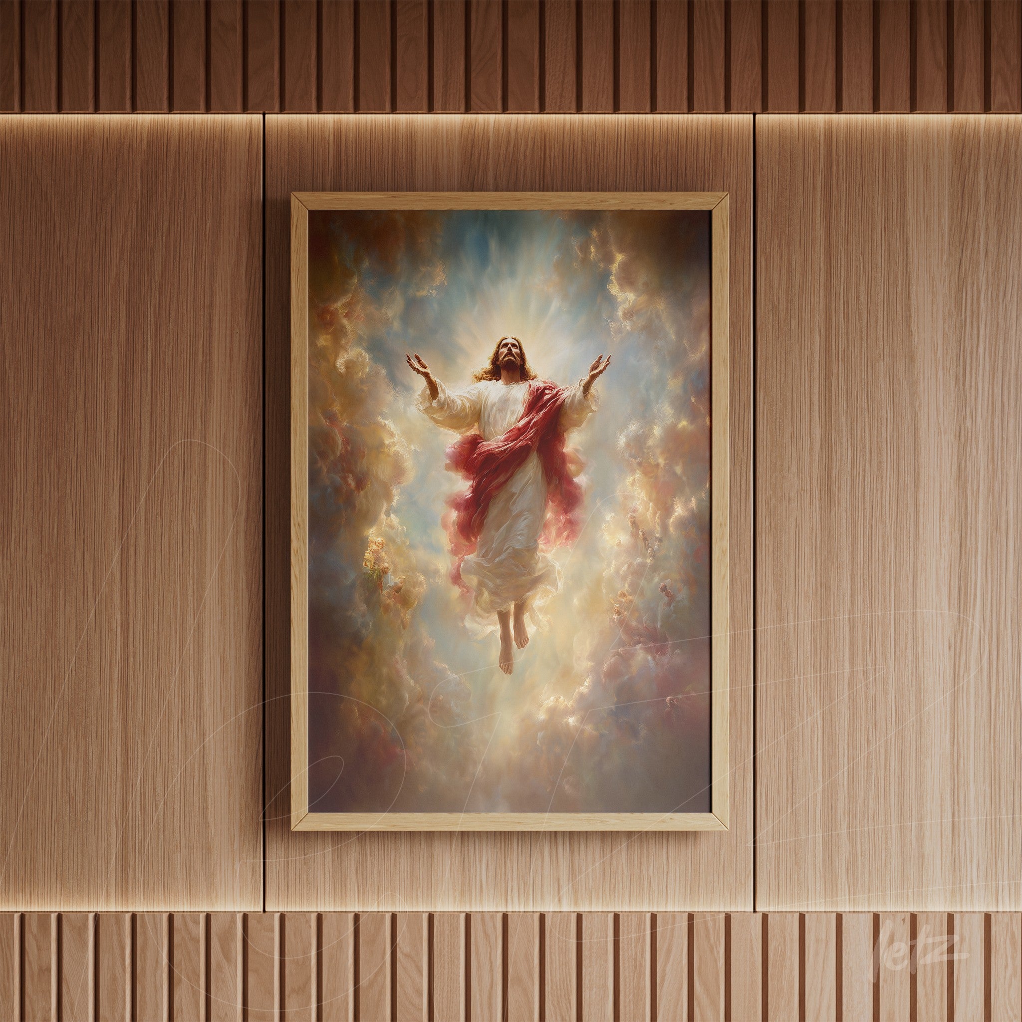 framed artwork depicting jesus christ in ascension with a light wood frame against a wall of wooden panels