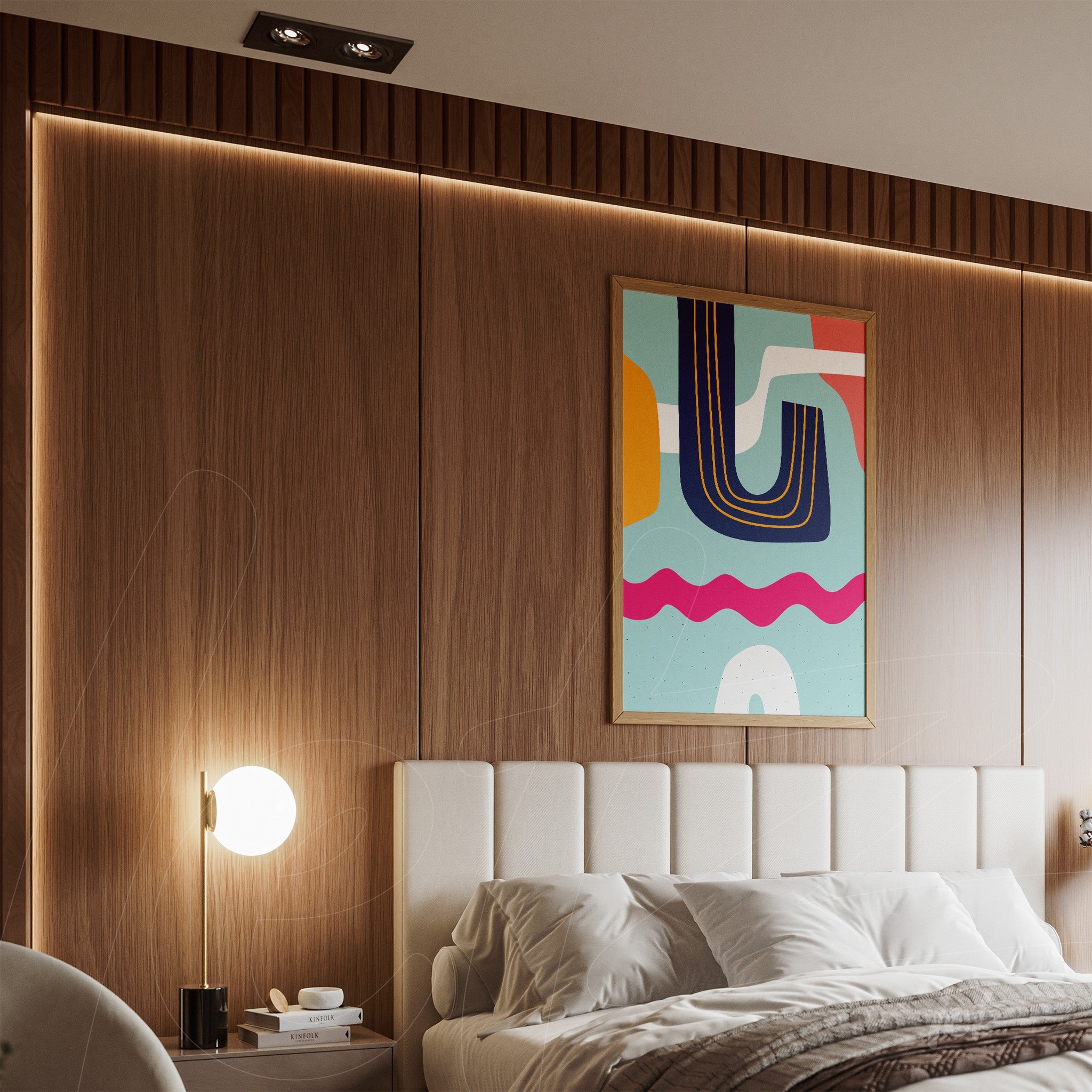```json
{
"alt": "quadro abstrato com cores boho modernas em moldura de madeira, exposto acima de cama com cabeceira estofada em quarto contemporâneo",
"alt_en": "abstract art with modern boho colors in wooden frame, displayed above a tufted headboard bed in a contemporary bedroom"
}
```