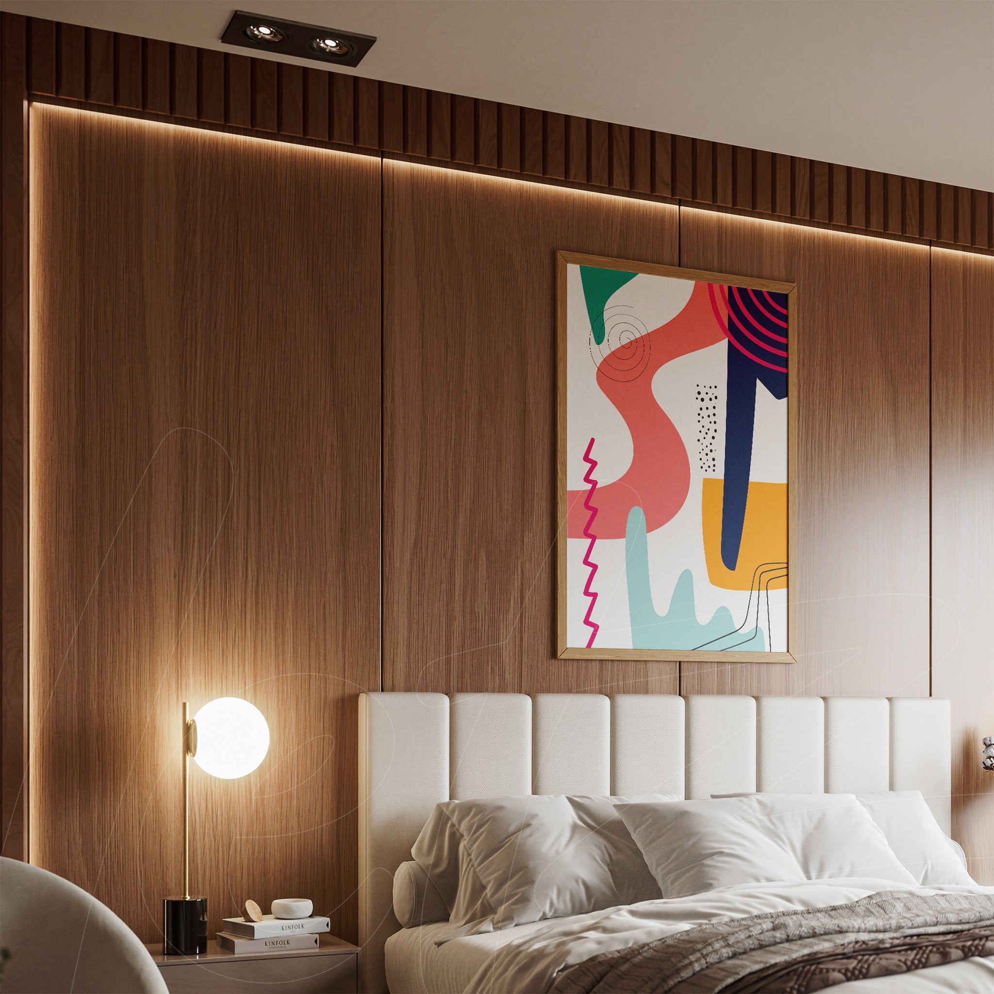 quadro com arte abstrata geométrica em moldura de madeira, exibido em quarto com parede de madeira