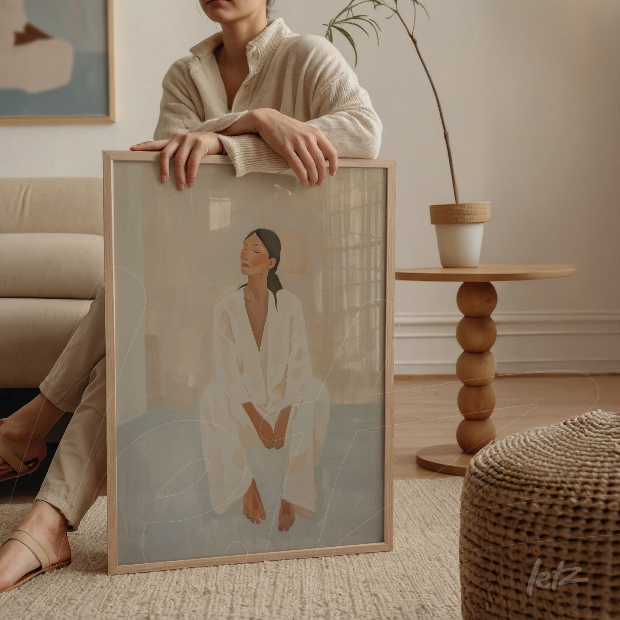 framed wall art featuring a seated woman in a minimalist setting with light frame