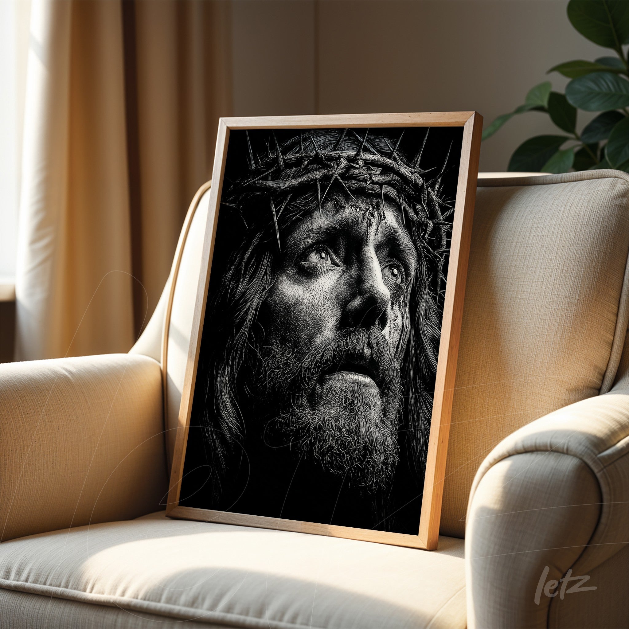 framed black and white portrait of Jesus Christ wearing a crown of thorns in light wood frame