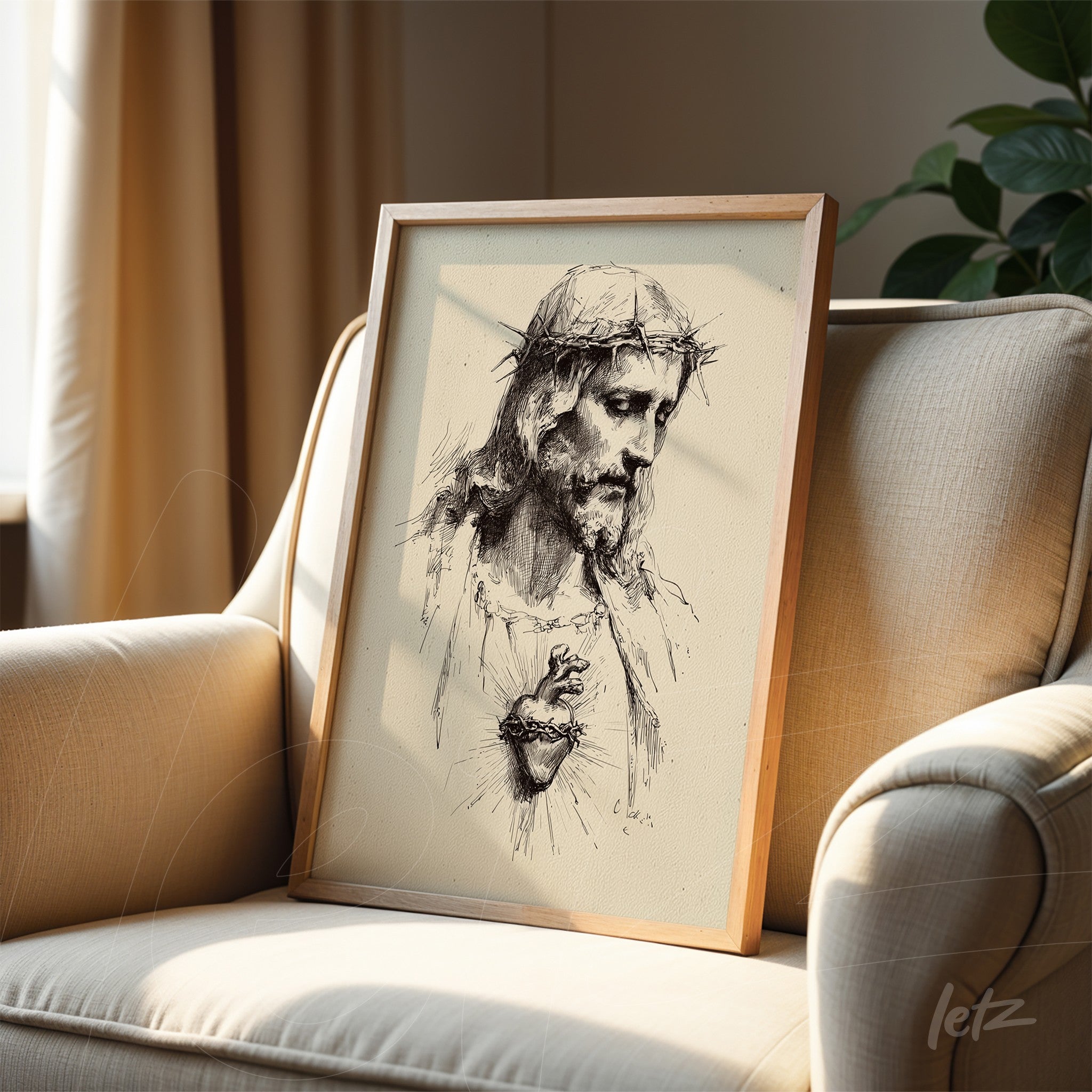 framed artwork with a light wood frame depicting the face of Jesus holding a heart prominently in his hands