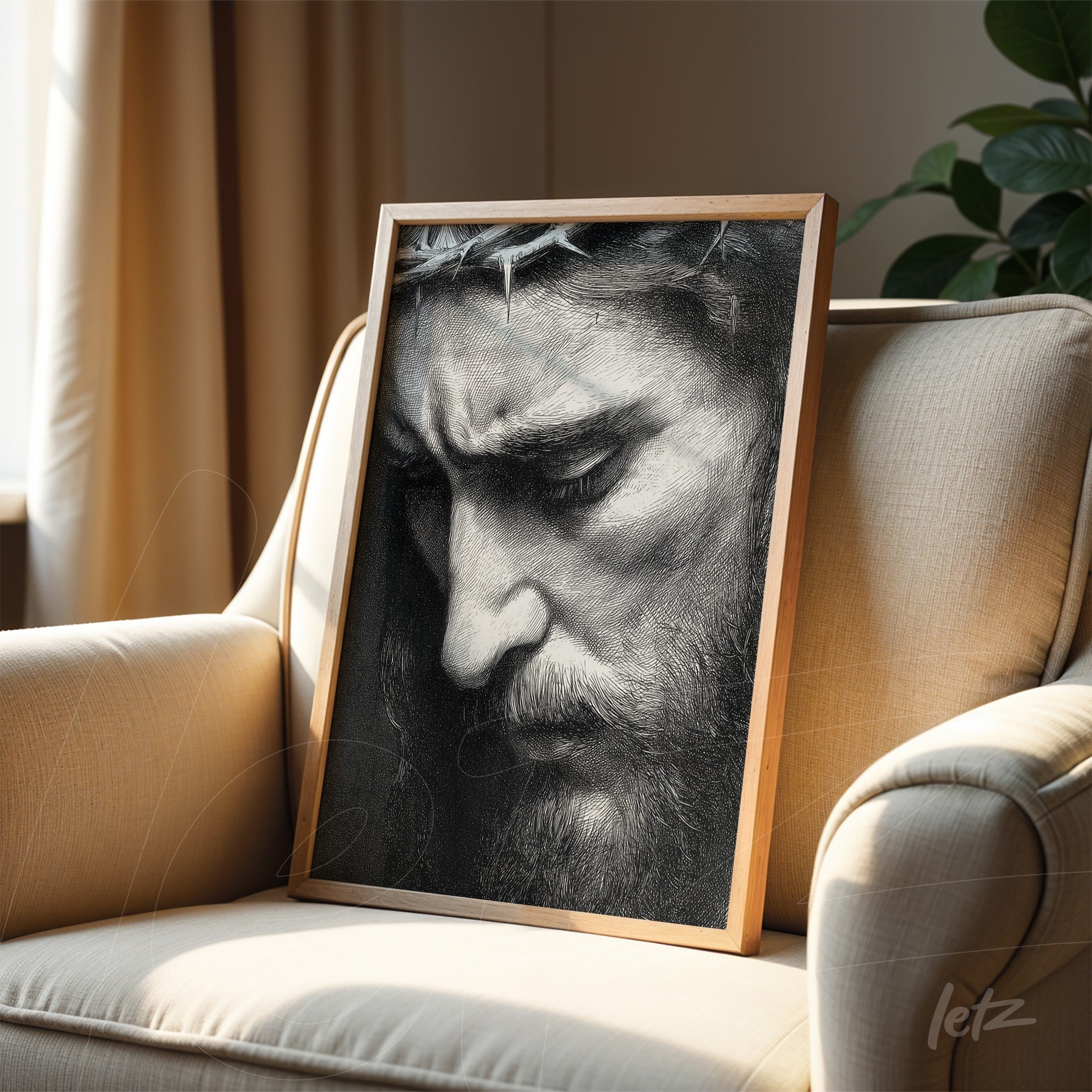 framed wall art in light wood featuring a black and white portrait of a male figure with a crown of thorns in close-up